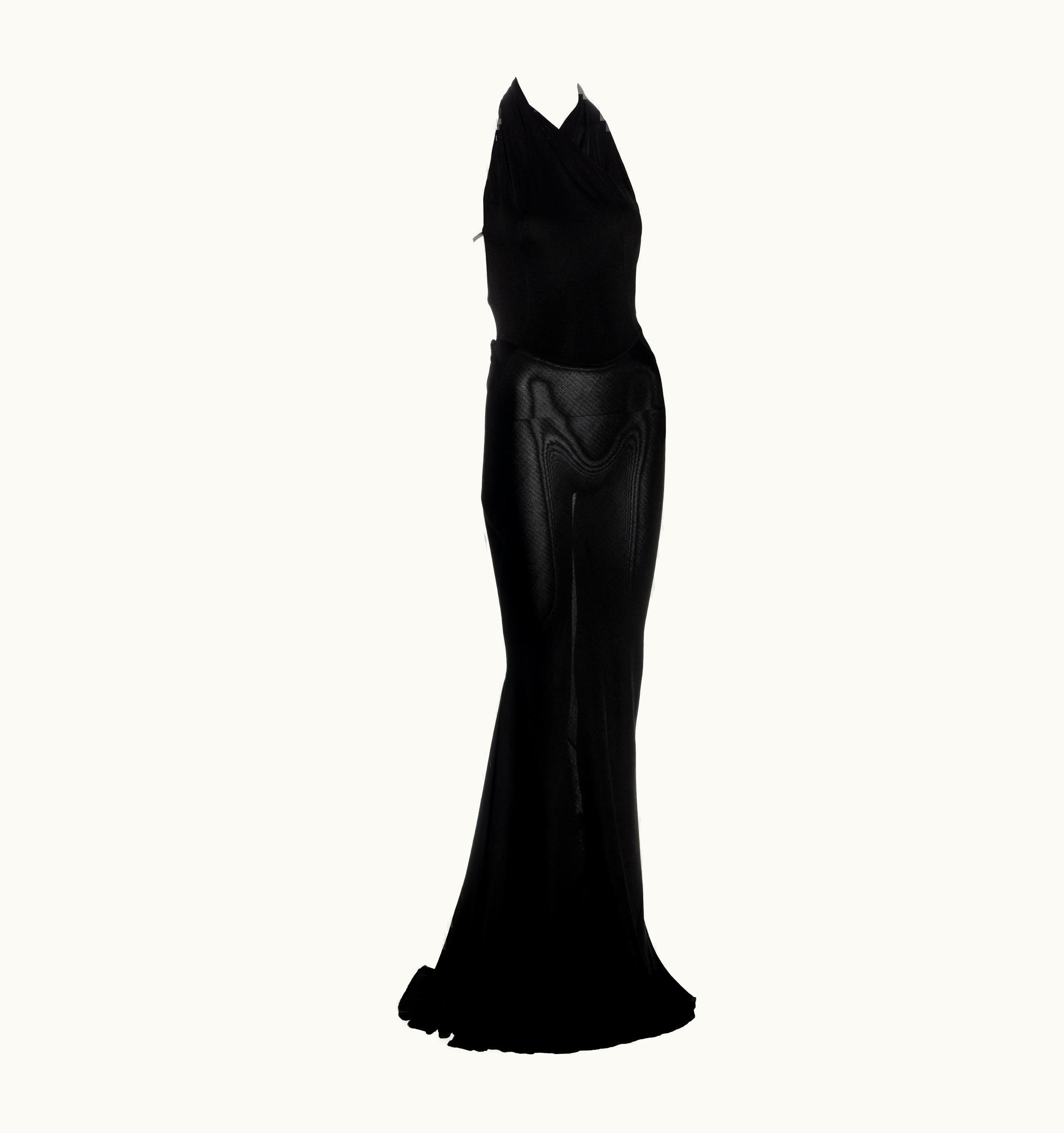 Alaia Azzedine Alaia Black Rayon Halter Neck Bias Cut Trained Evening Dress, AW 2001