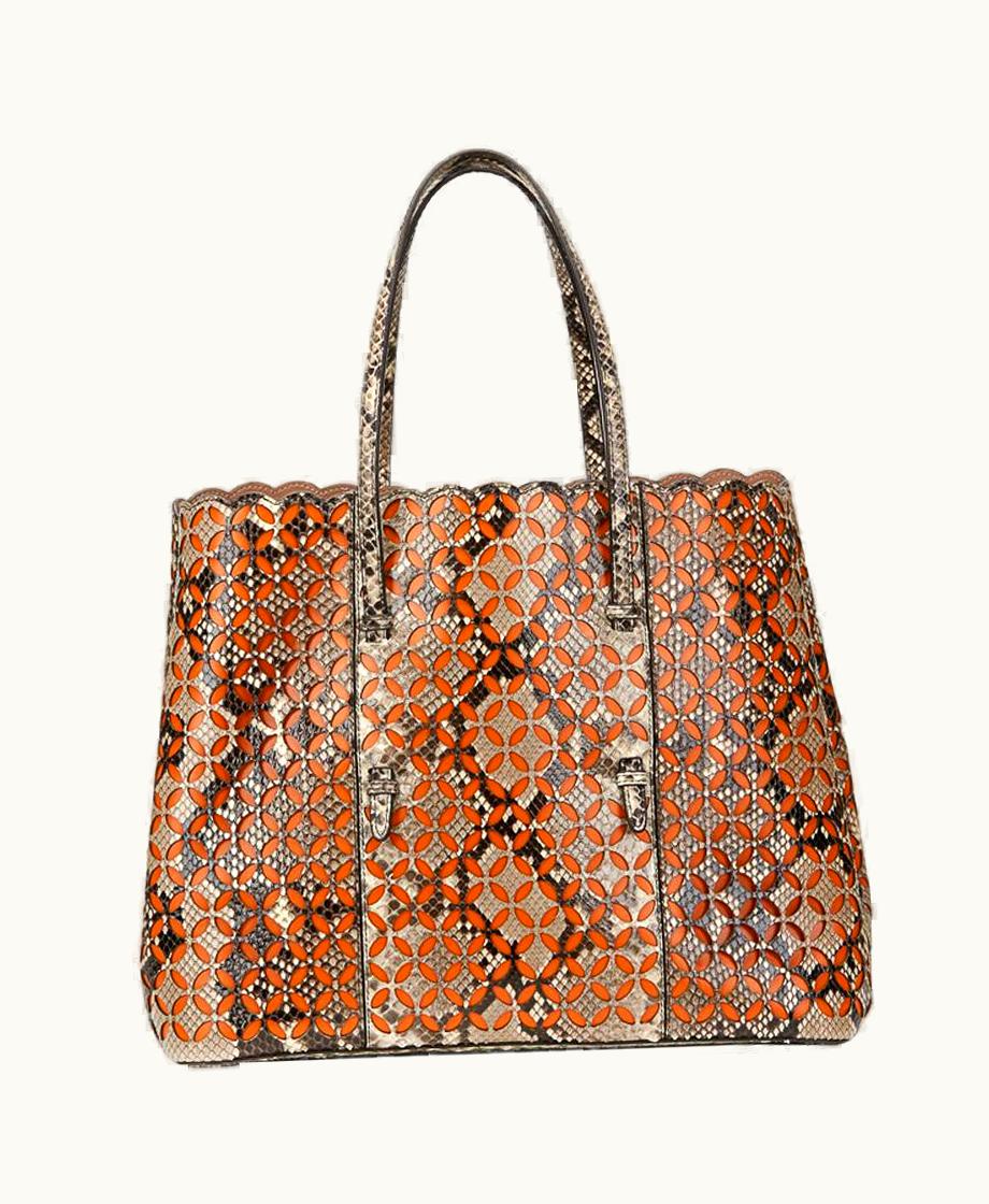 Alaia 2001 Alaia Python Leather & Orange Calfskin Leather Perforated Shopper
