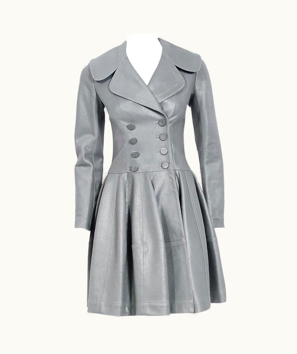 Alaia Azzedine Alaia Metallic Silver Cotton Double Breasted Princess Coat Jacket 2005