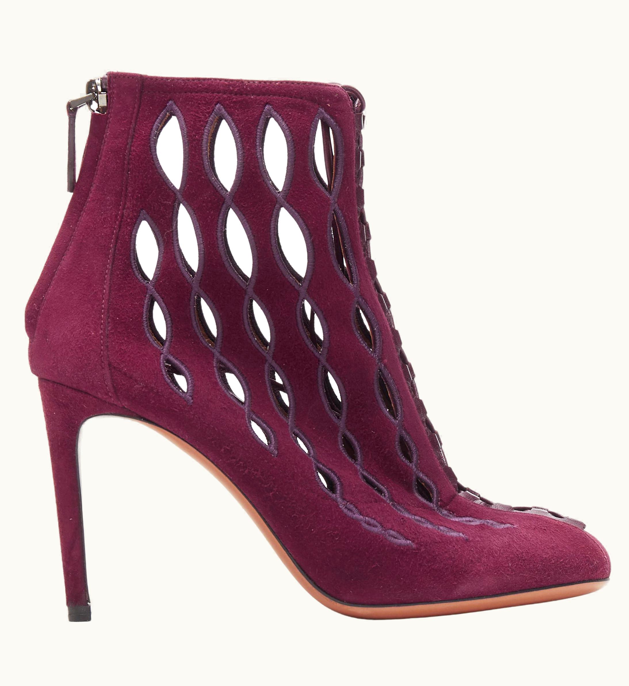 Alaia Azzedine Alaia Burgundy Red Suede Geometric Cut Out High Heel Ankle Bootie