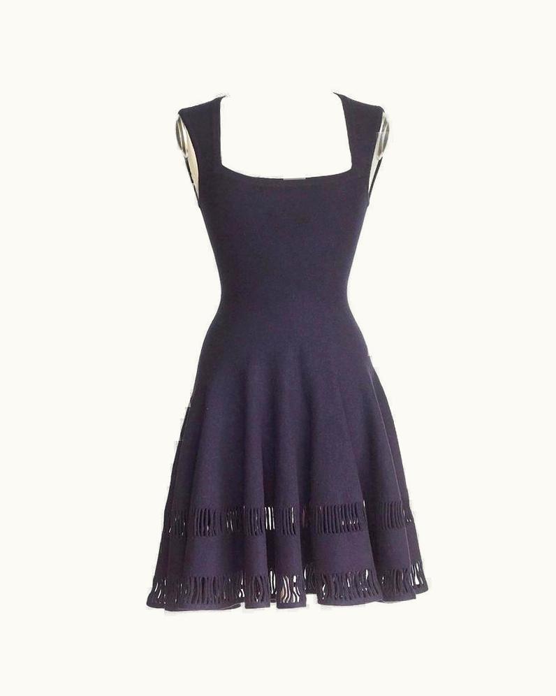Alaia Azzedine Alaia Dress Navy Skater Skirt Laser Cut Hem 38 S/S 4 Nwt Gorgeous