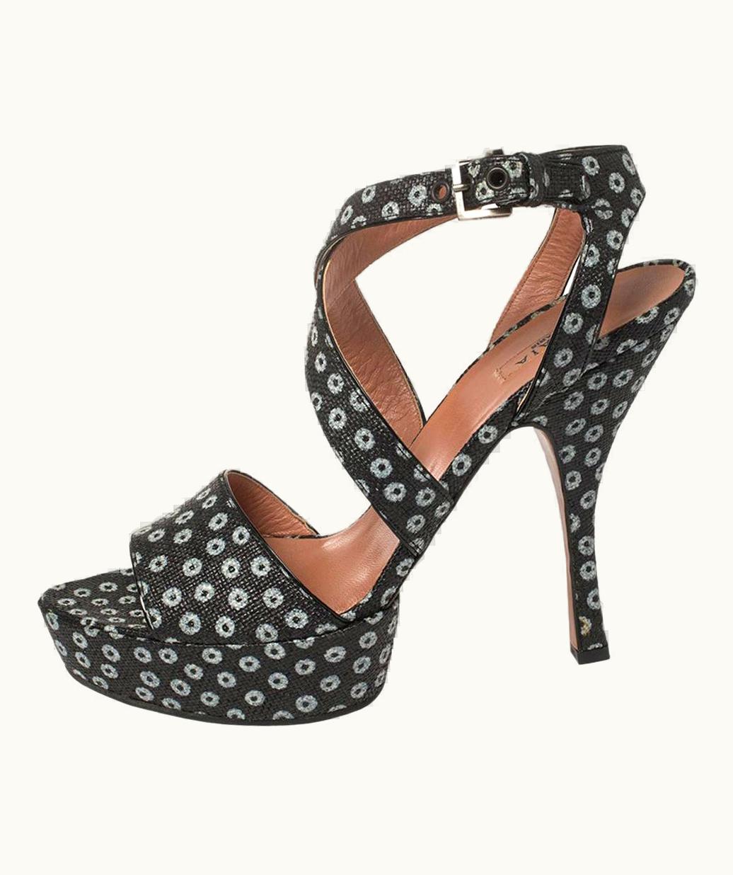 Alaia Alaia Blue/Black Canvas Floral Print Platform Sandals