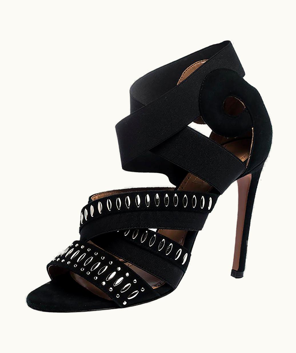 Alaia Alaia Black Studded Suede Cross Strap Peep Toe Sandals