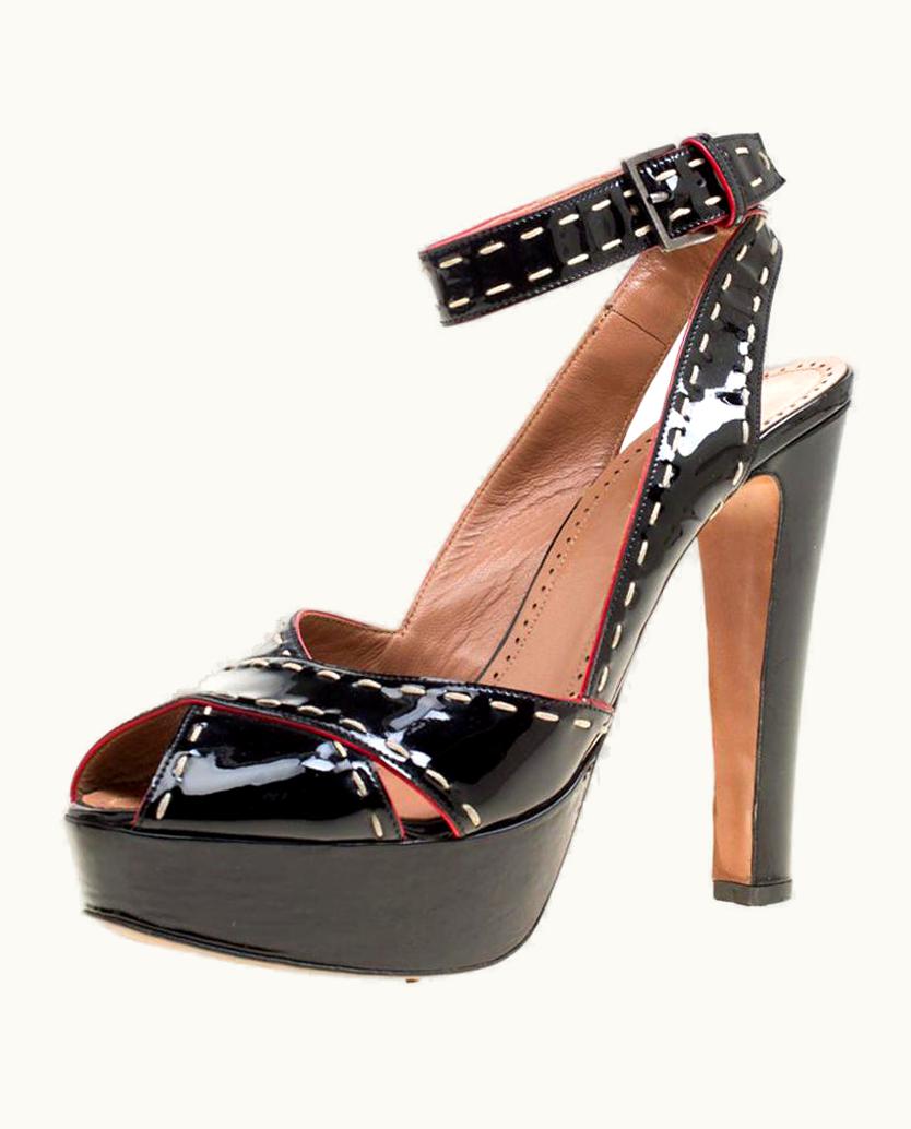 Alaia Alaia Black Patent Leather Criss Cross Ankle Strap Platform Sandals