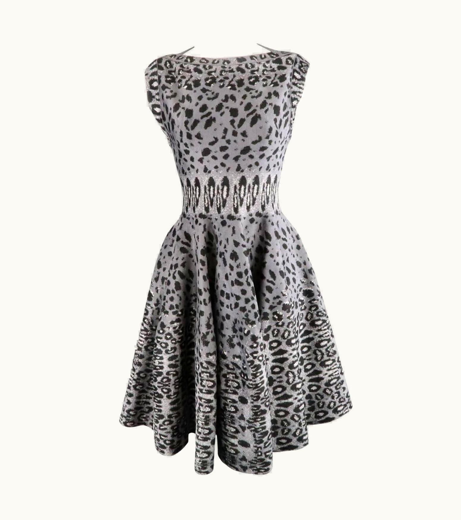 Alaia Alaia Gray Leopard Print Knit Fit Flair Ruffle Skirt Dress
