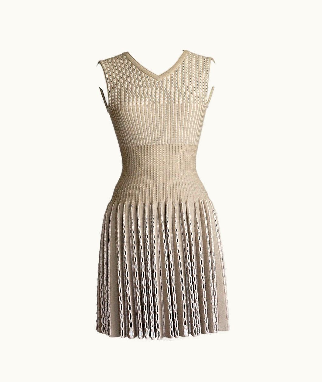 Alaia Azzedine Alaïa Dress Runway Perforated Pleated Nude Taupe Spring 2014 38 Nwt