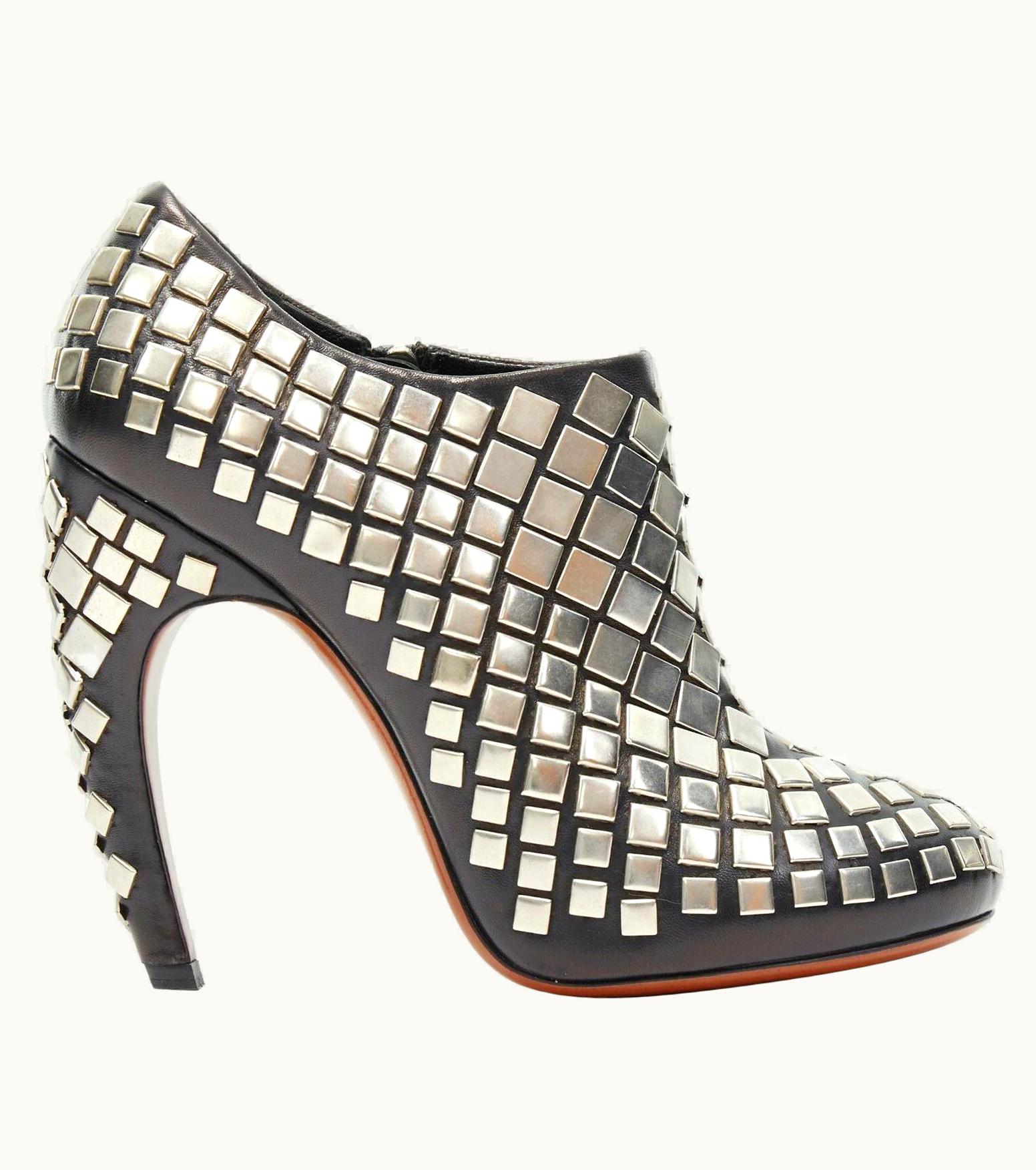 Alaia Alaia Black Leather Silver Square Stud Embellished Curved Heel Bootie