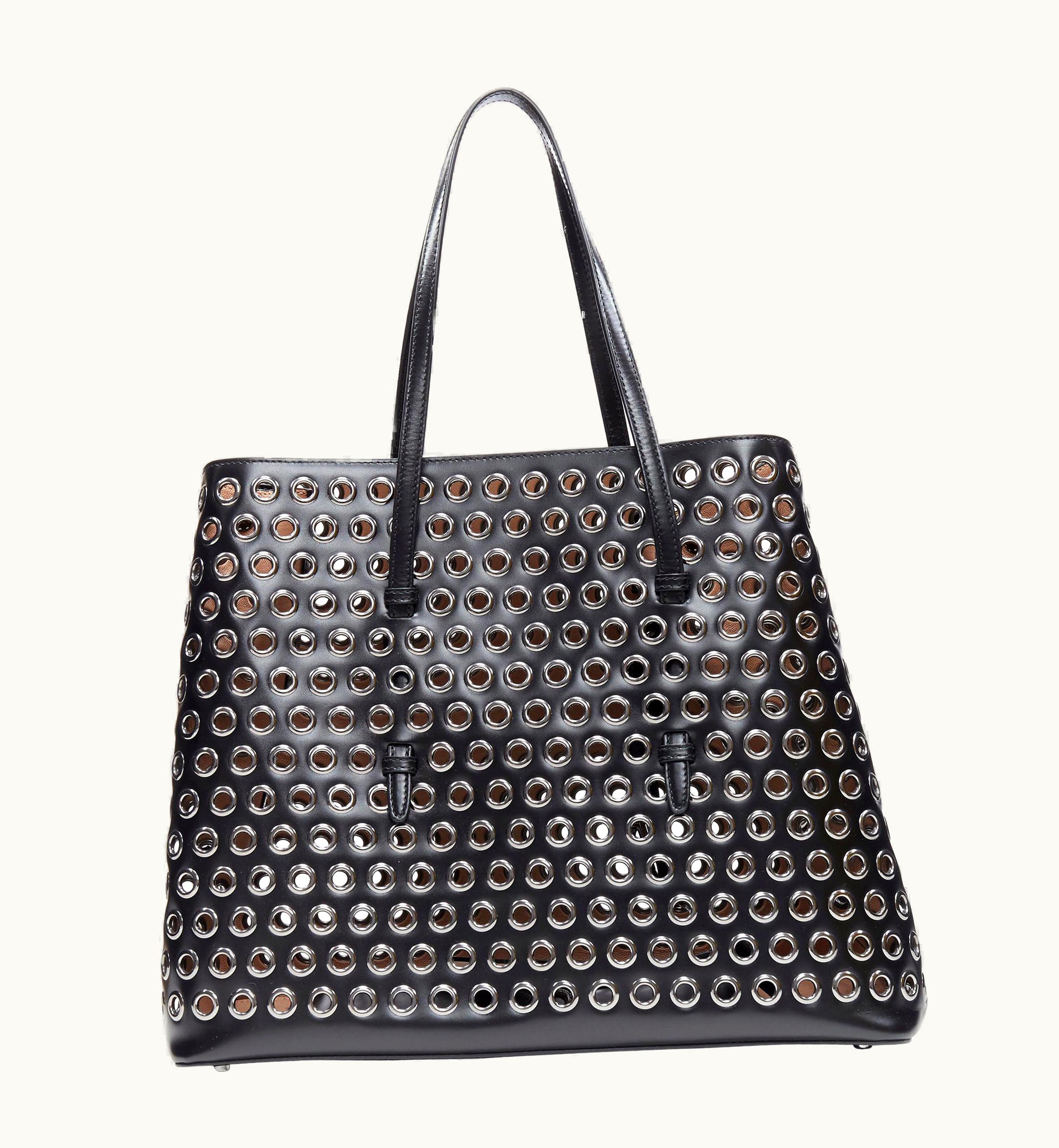 Alaia Alaia Black Leather Gunmetal Grommet Punctured Expandable Large Tote Bag