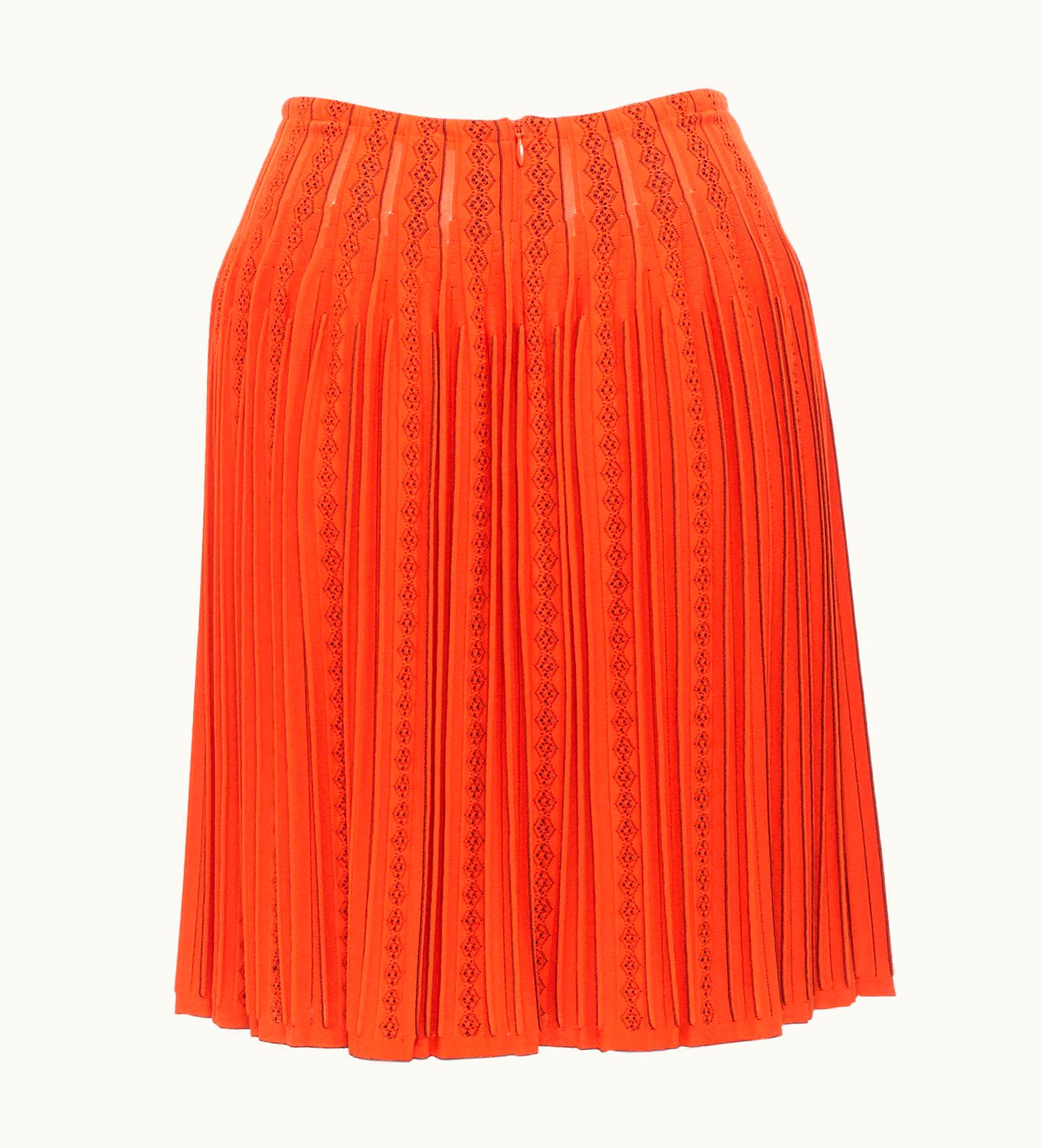 Alaia Alaia Orange Geometric Jacquard Intarsia Knit Pleated Flared Skirt