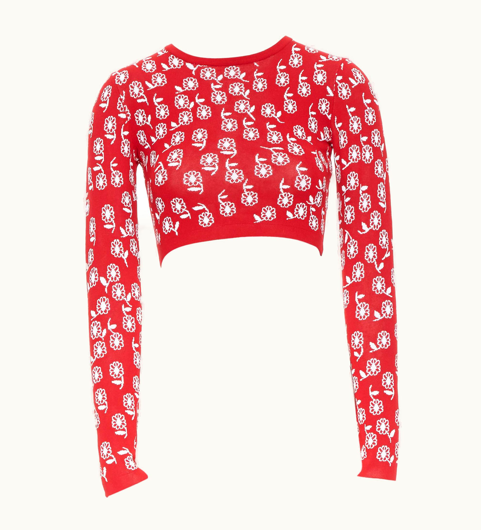 Alaia Alaia Red White Floral Jacquard Viscose Blend Long Sleeve Cropped Sweater