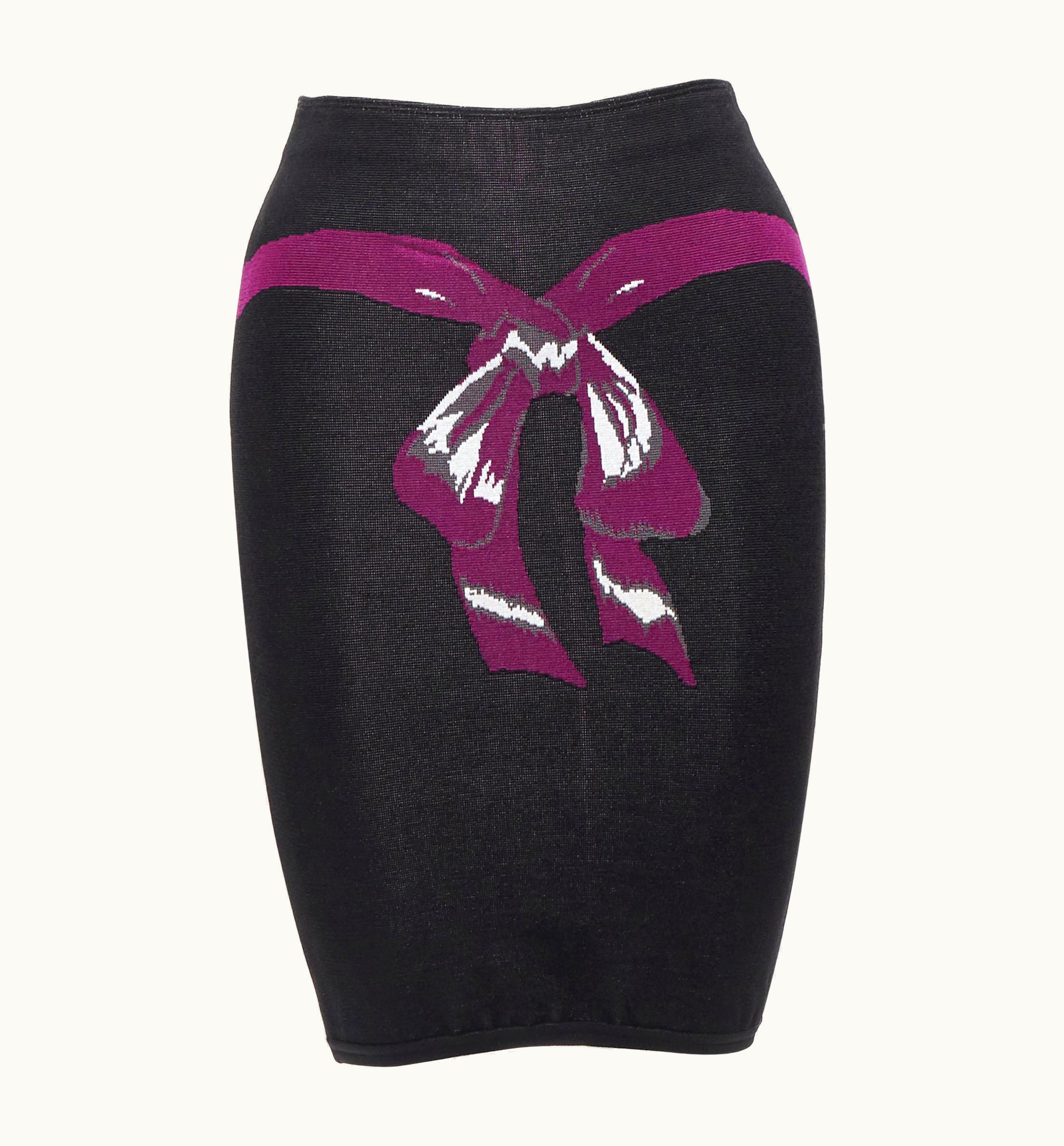 Alaia Vintage Alaia Black Purple Ribbon Design Intarsia Knit Bodycon Pencil Skirt