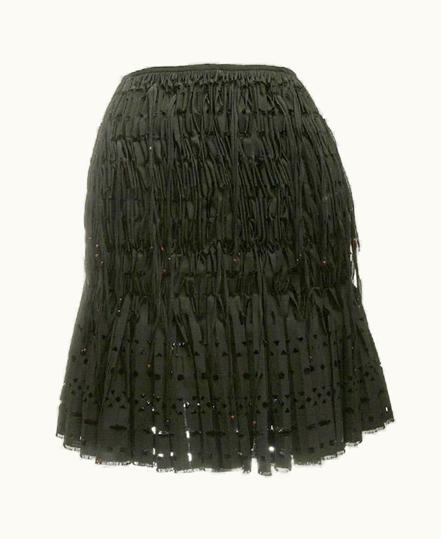Alaia Alaia Black Geometric Cut Out Pleated Shirred Red Bead Fringe Skirt UZ0587906