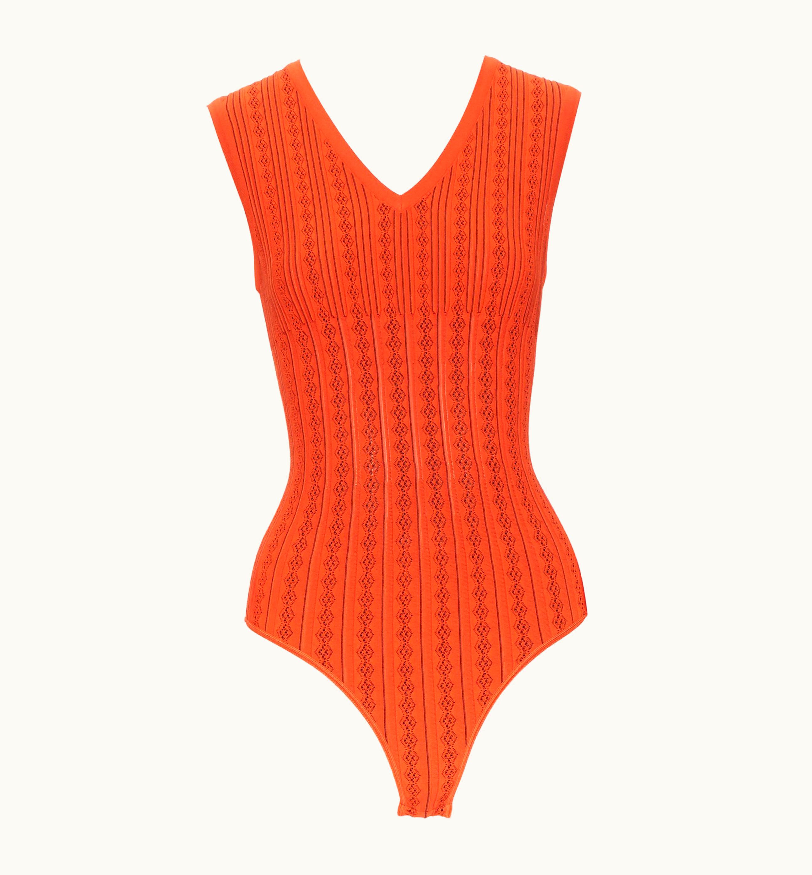 Alaia Alaia Orange Geometric Jacquard Ribbed Knit V-neck Bodysuit Top UZ0587907