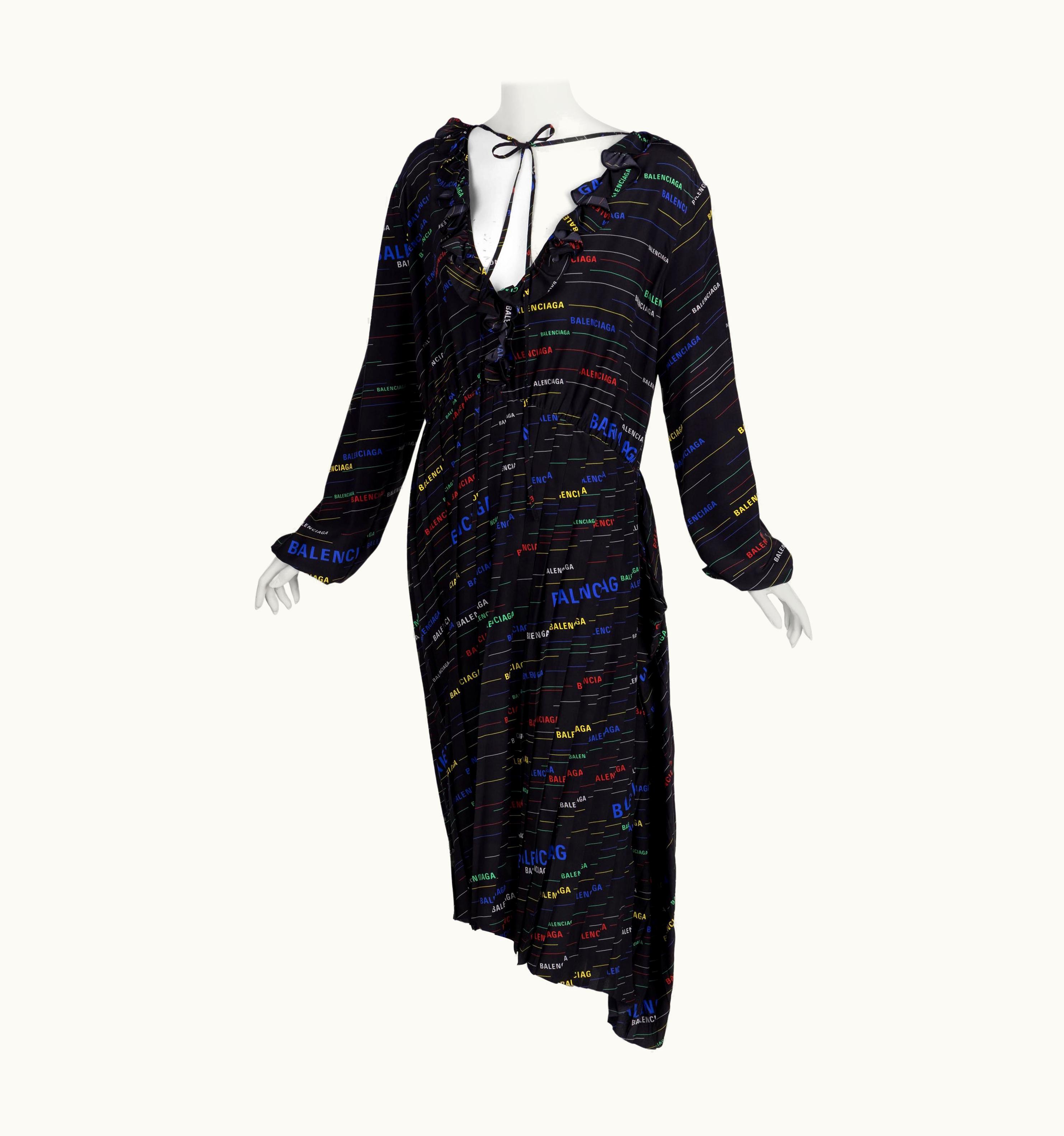 Balenciaga Balenciaga Ruffled Printed Black Silk Crepe De Chine Midi Dress Resort 2019