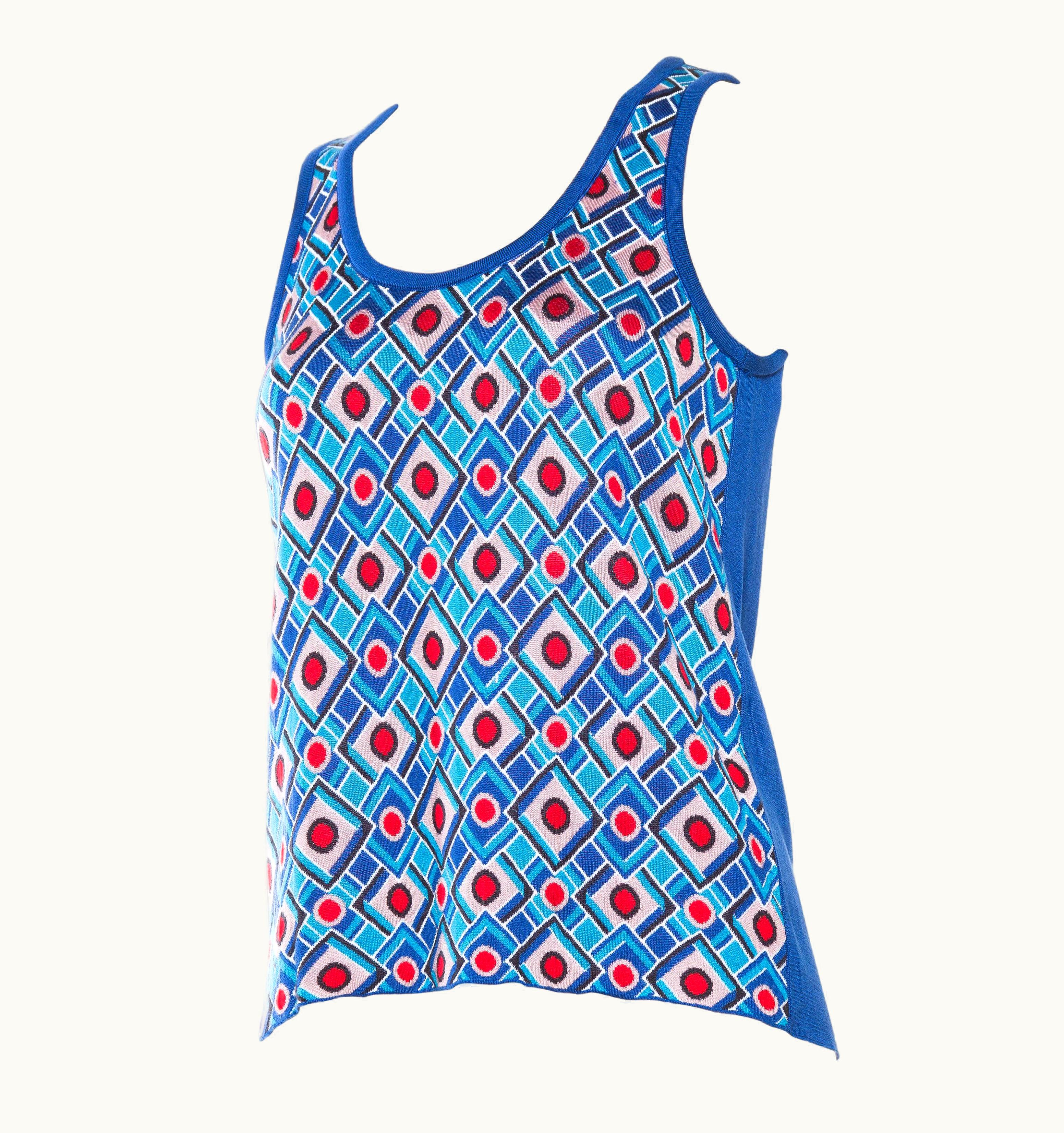 Balenciaga 1970s Balenciaga Blue Rayon & Silk Geometric Knit Top