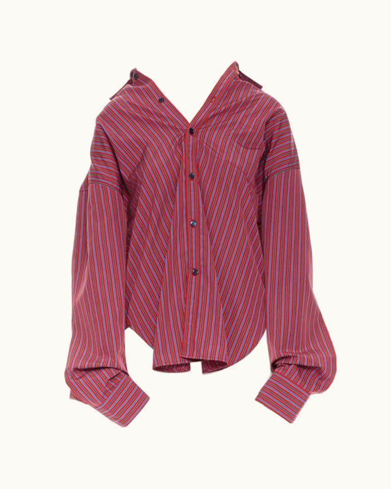 Balenciaga Balenciaga Demna Red Blue Stripe Cotton Off Shoulder Oversized Shirt