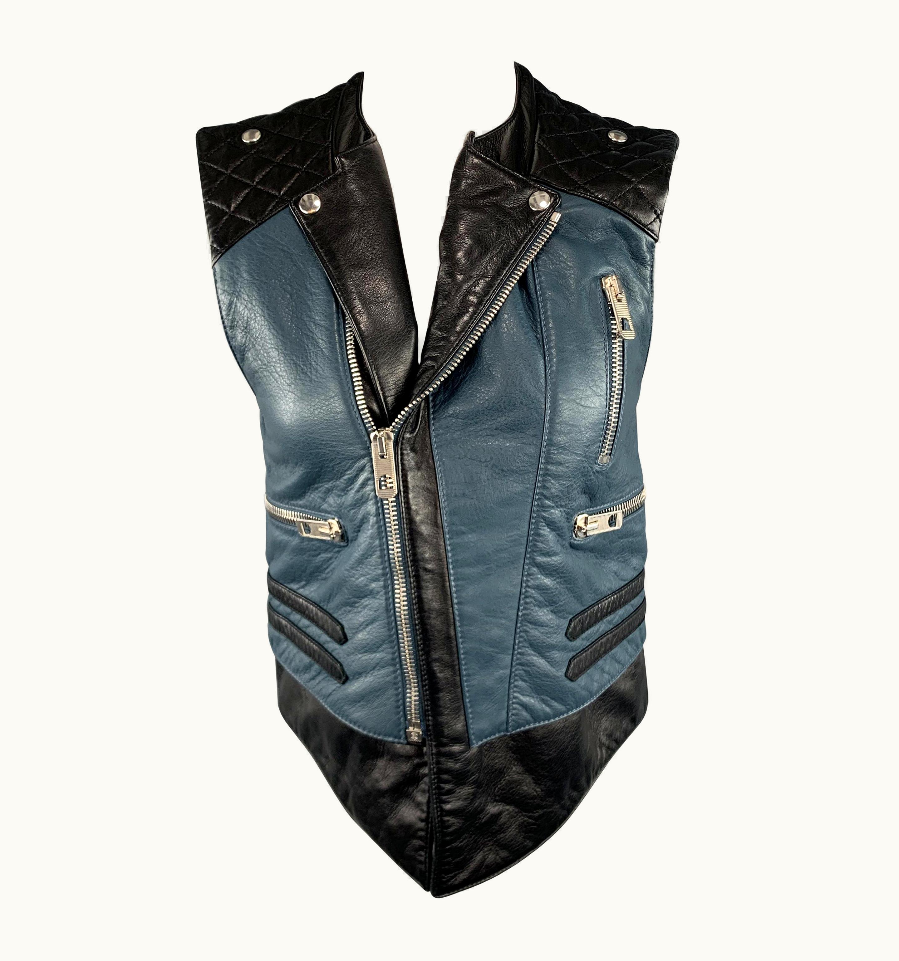 Balenciaga Balenciaga Black & Teal Blue Quilted Leather Biker Vest