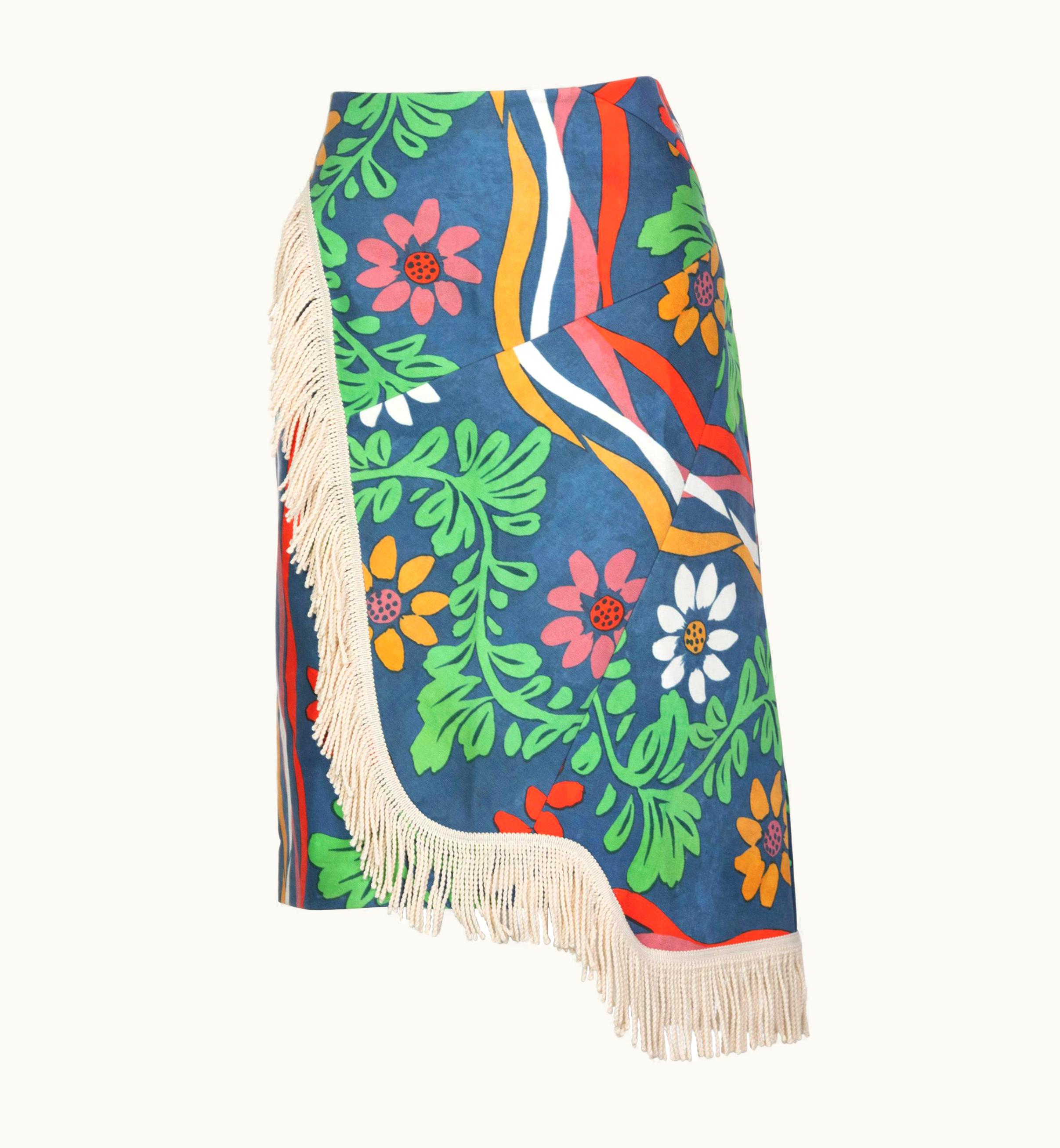 Balenciaga Floral Print Fringe Trim Knee Length Skirt Runway 2018