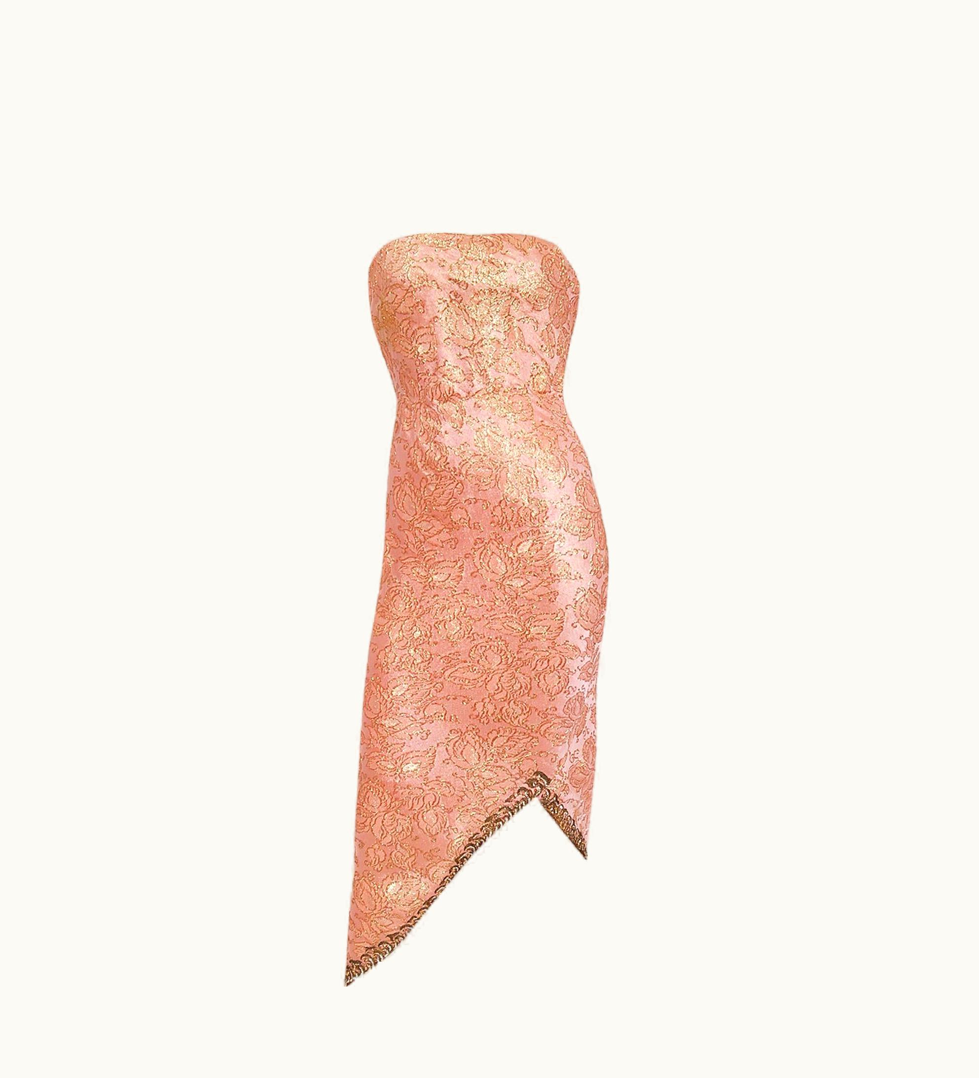 Balenciaga Vintage 1964 Balenciaga Haute Couture Metallic Pink Beaded Silk Strapless Dress