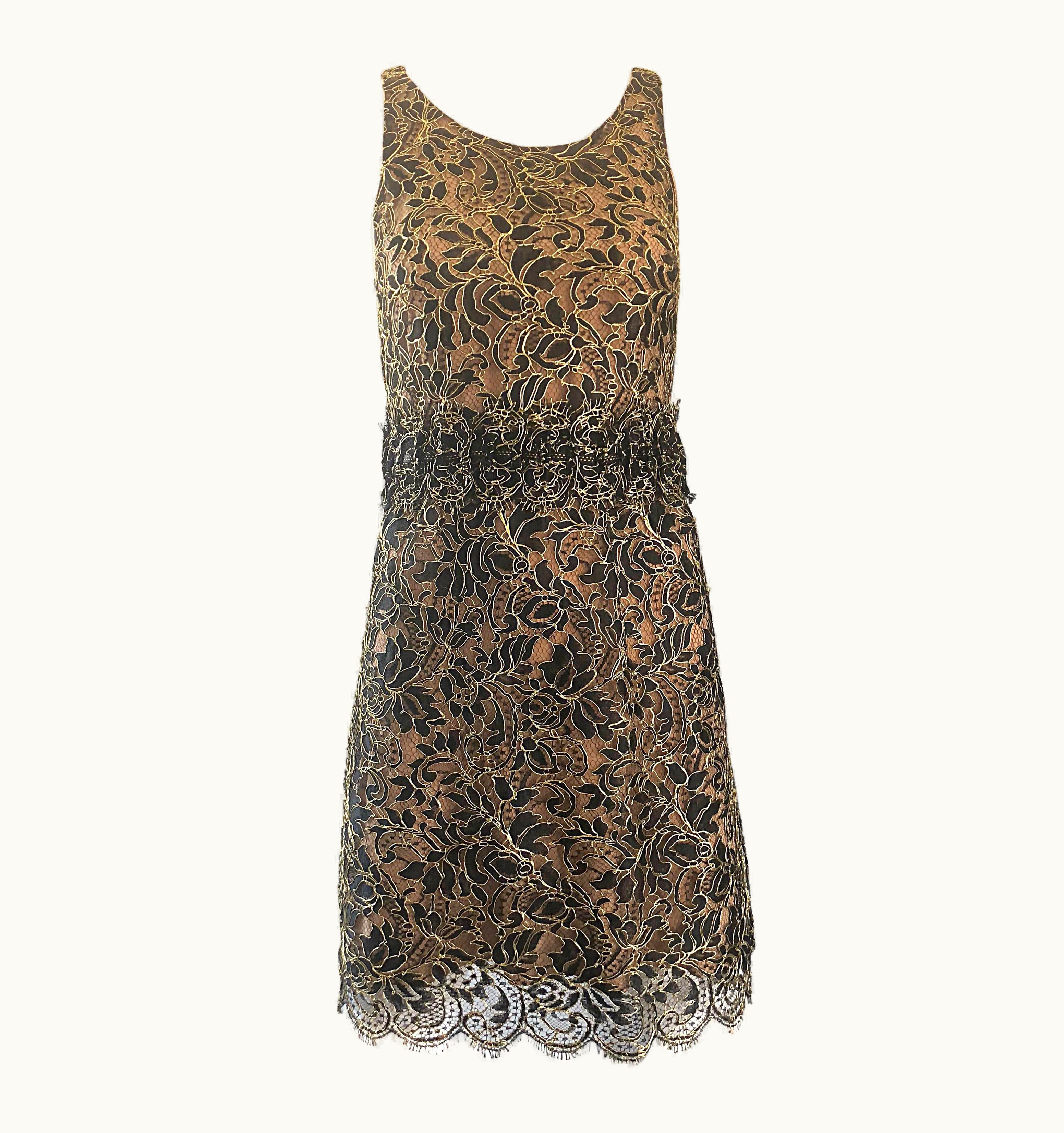 Balenciaga By Nicolas Ghesquiere Black + Gold + Nude Silk Chiffon Lace Dress