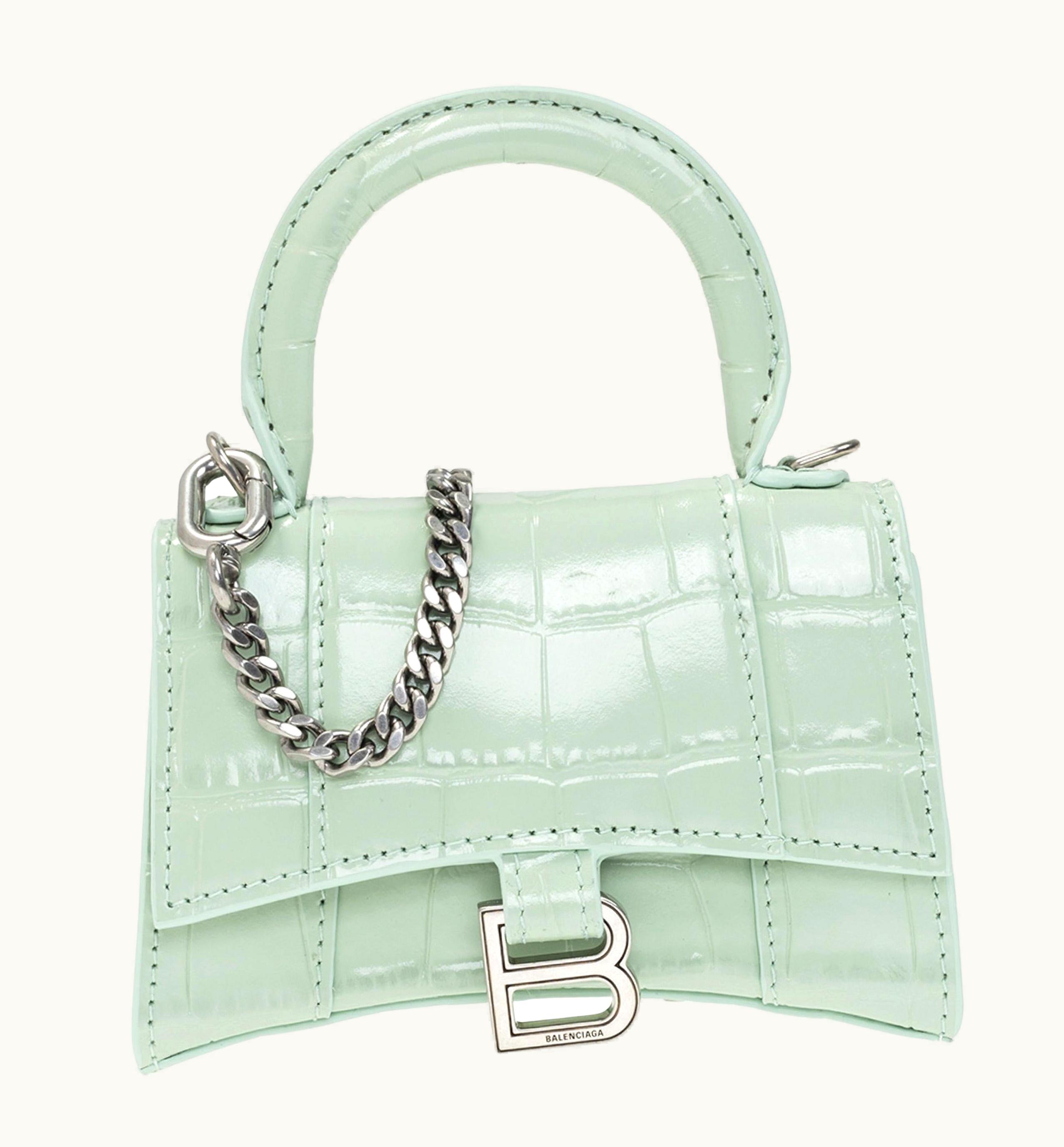 Balenciaga Light Green Nano Hourglass Crocodile Pattern Leather Crossbody Ba