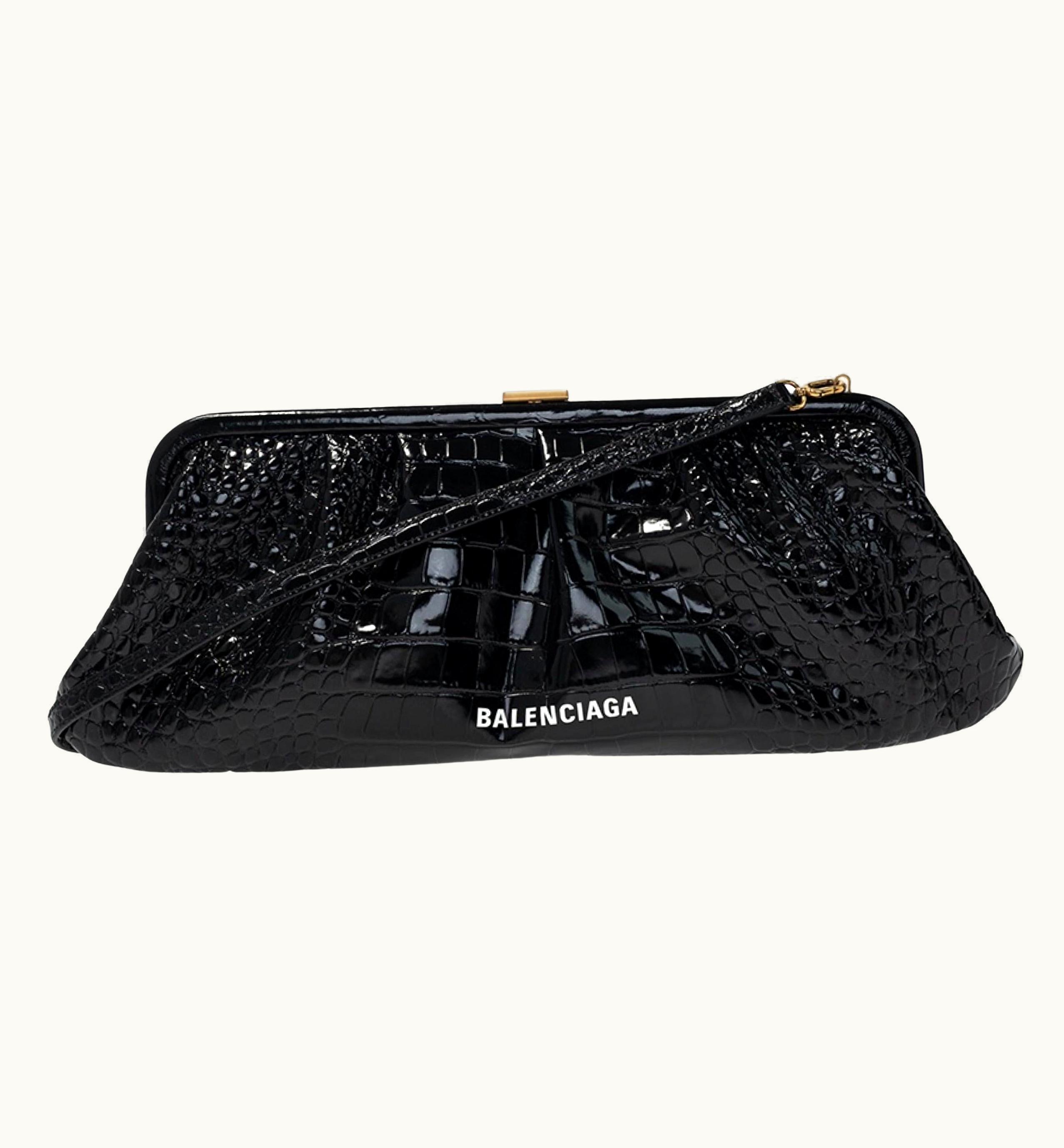 Balenciaga Black Cloud Xl Crocodile Pattern Leather Clutch Crossbody Bag