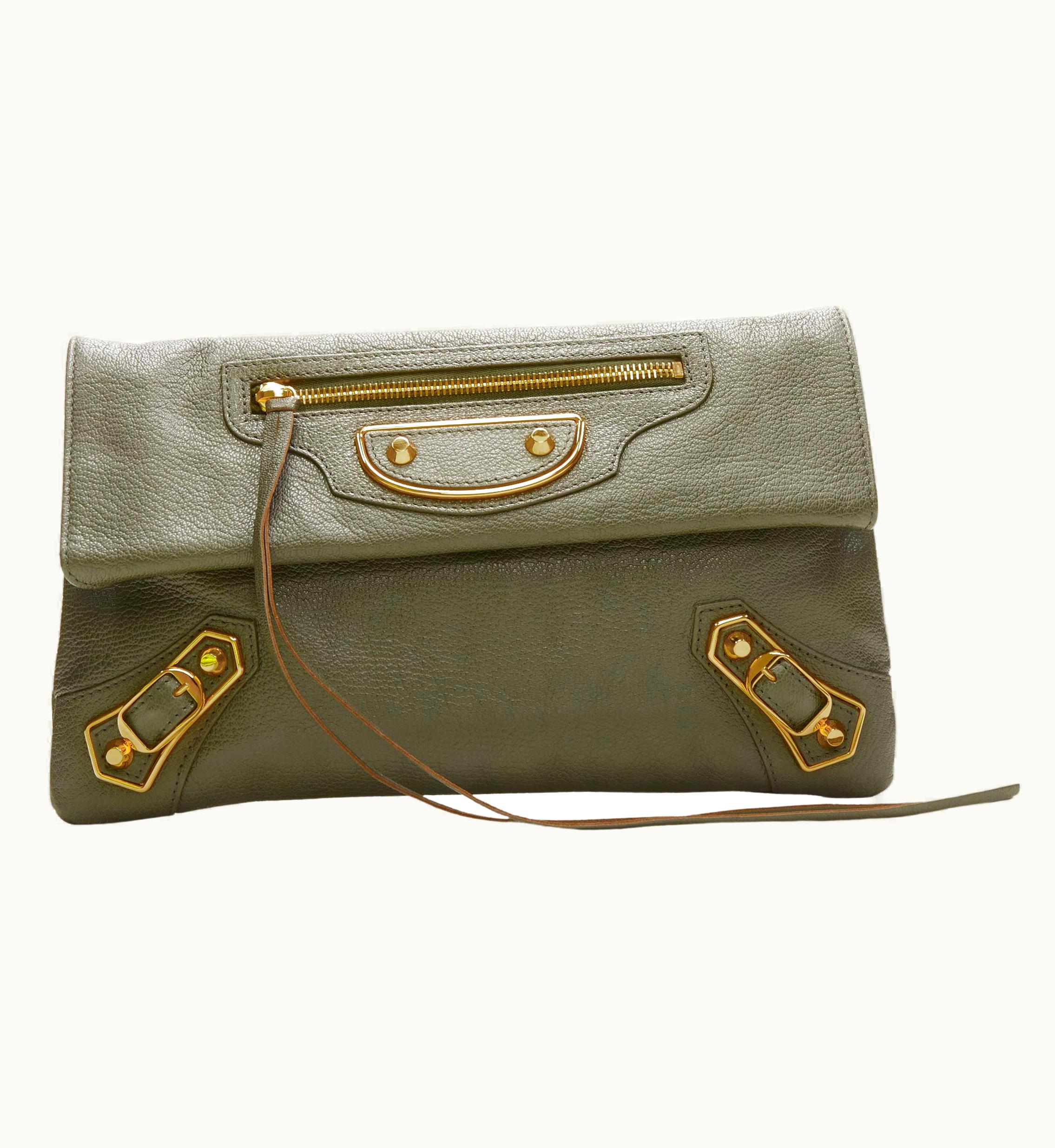 Balenciaga Rare Balenciaga Khaki Green Leather Gold Buckle Motocross Flap Clutch Bag