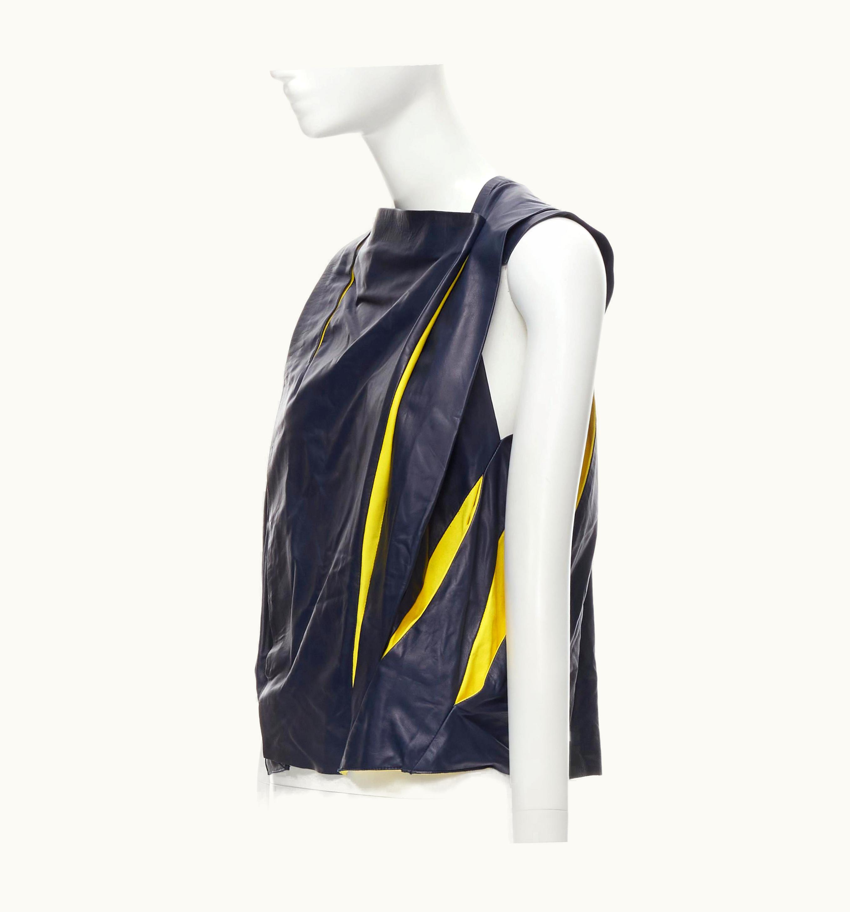 Balenciaga 2010 Runway Nicolas Ghesquiere Navy Yellow Leather Pleated Top