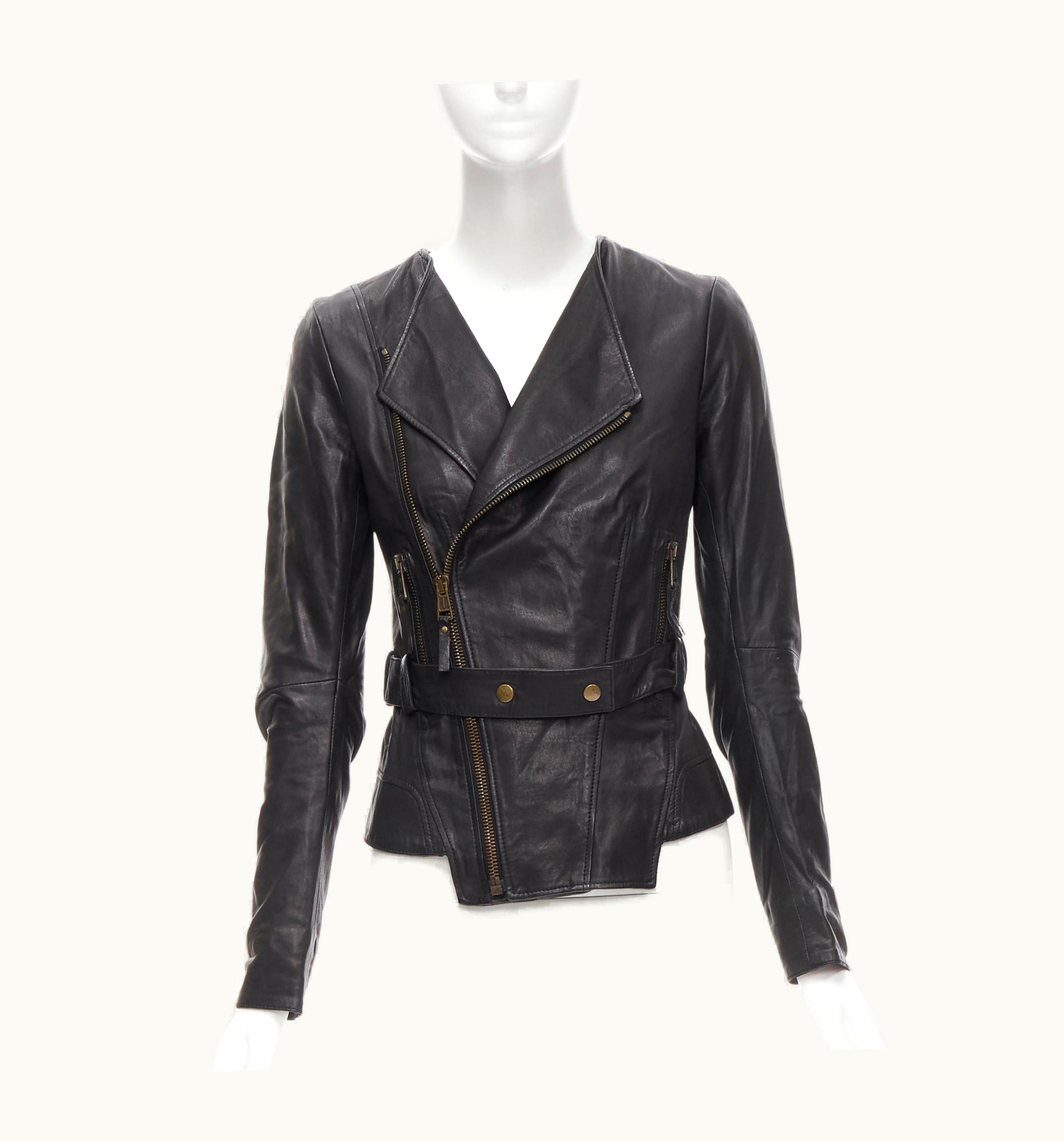 Balenciaga 2009 Black Lambskin Leather Asymmetric Collar Belted Biker Jacket