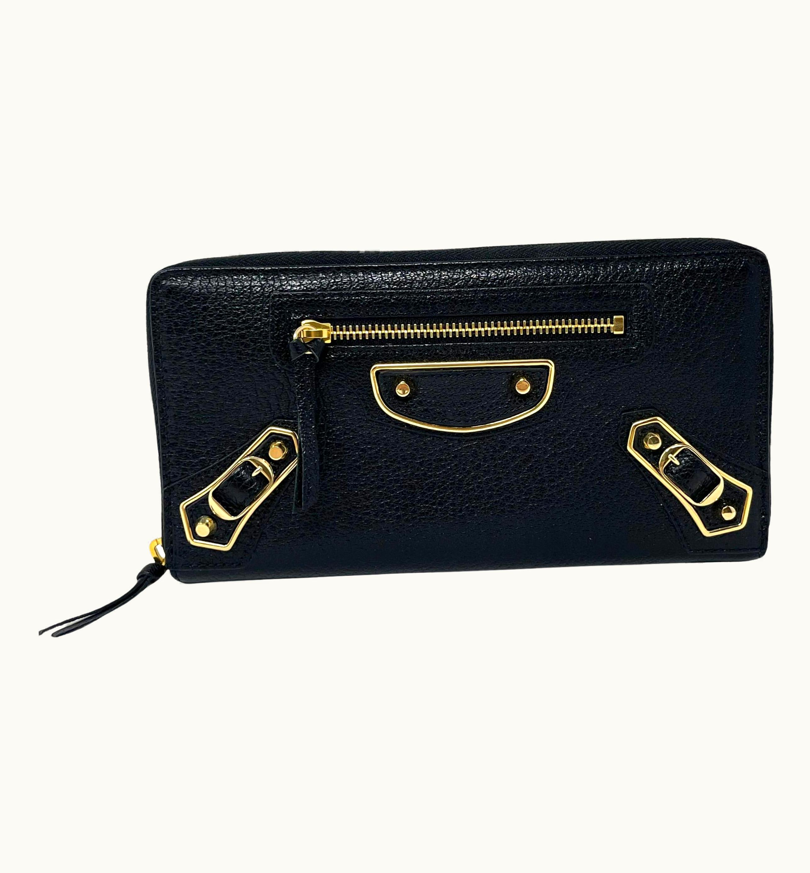 Balenciaga Black Agneau Classic Leather Zip Around Wallet Clutch Bag