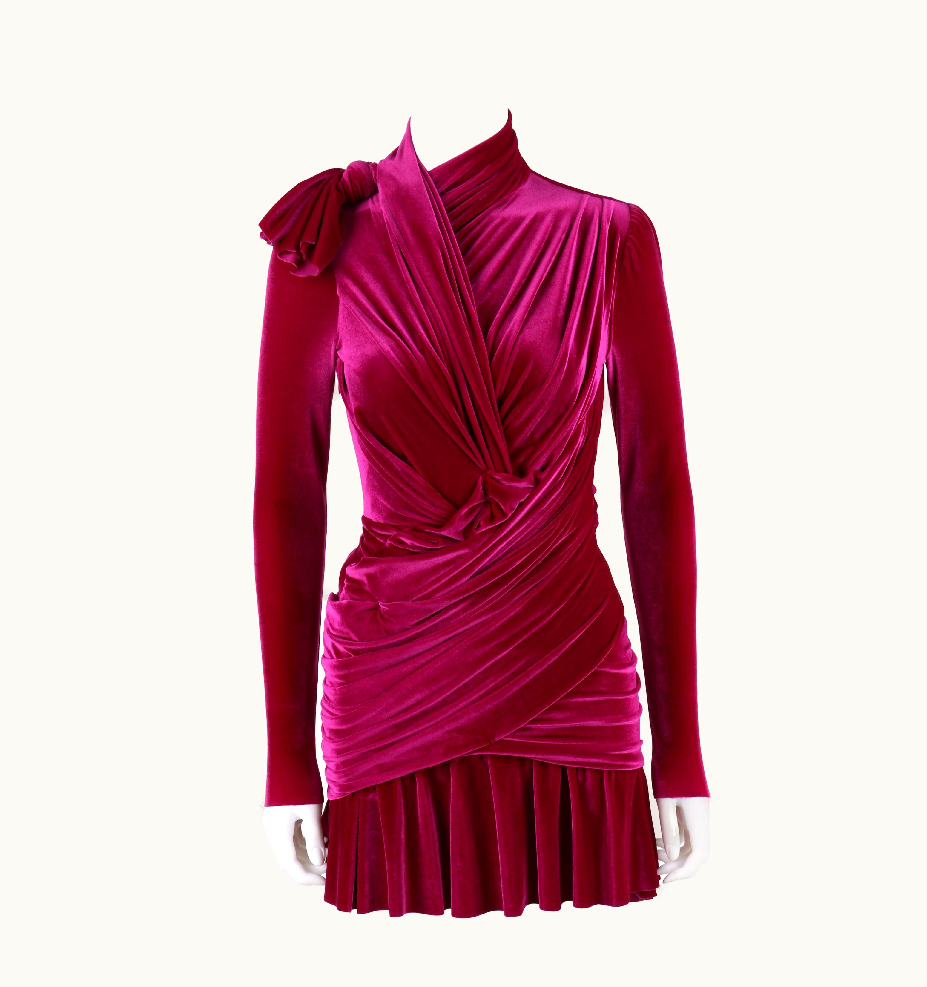 Balenciaga AW 2018 Fuschia Velvet Gathered Longsleeve Turtleneck Mini Dress