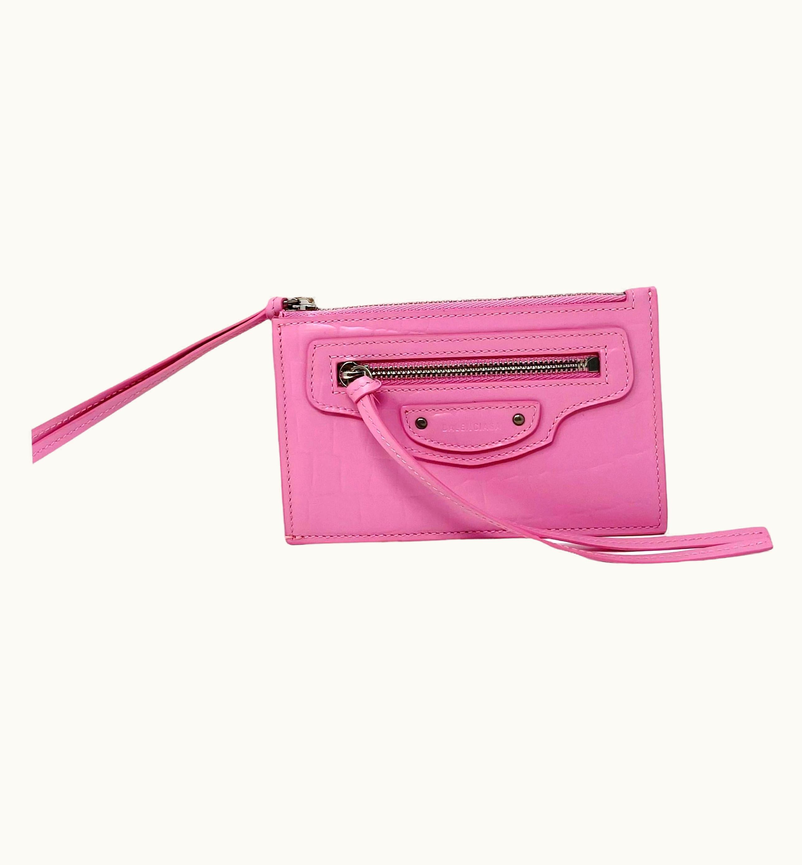 Balenciaga Pink Neo Classic Crocodile Skin Pattern Card Holder Wristlet