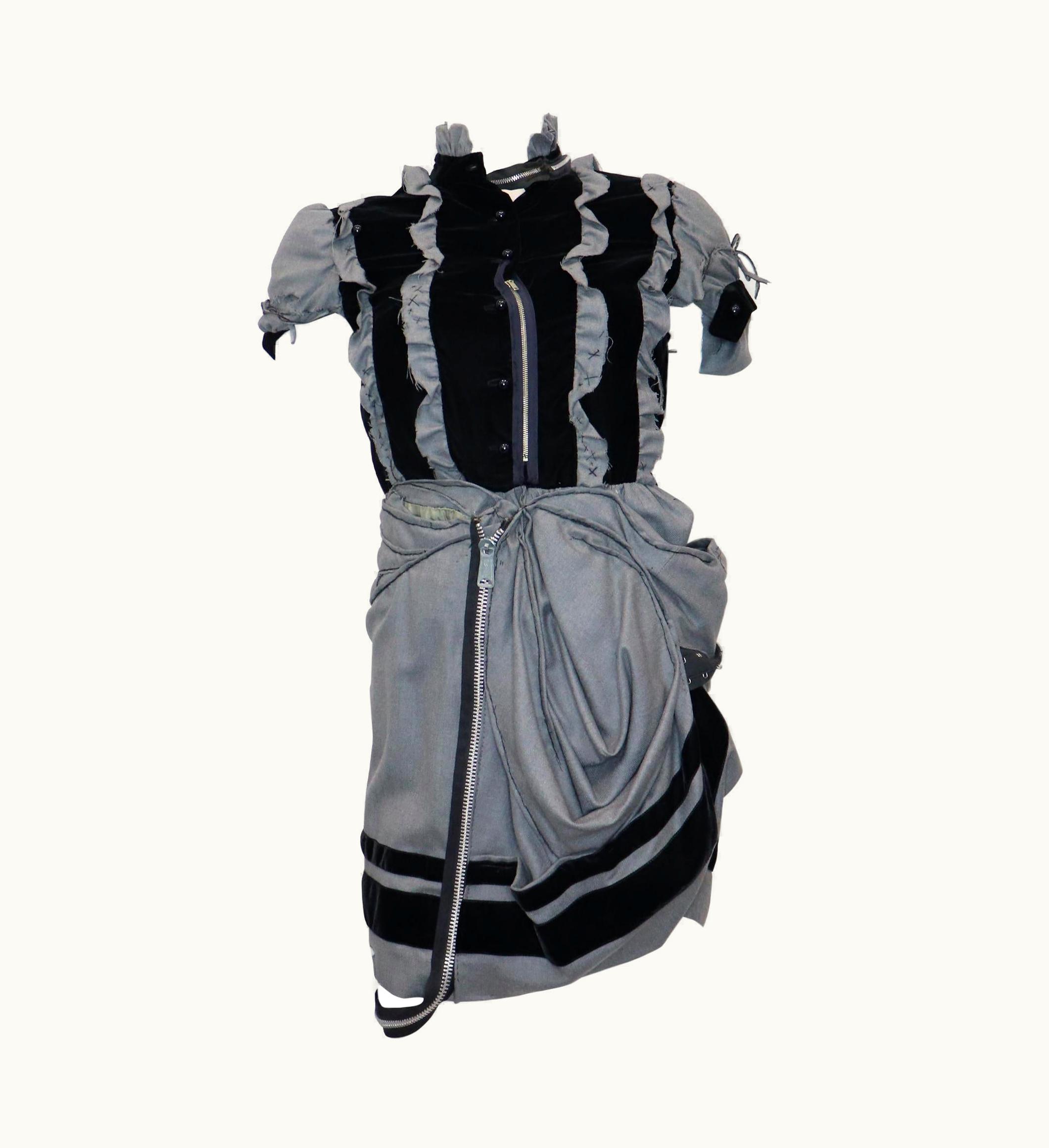 Balenciaga Grey Wool & Black Velvet Deconstructed Dress WS/S Zippers Circa 1990s