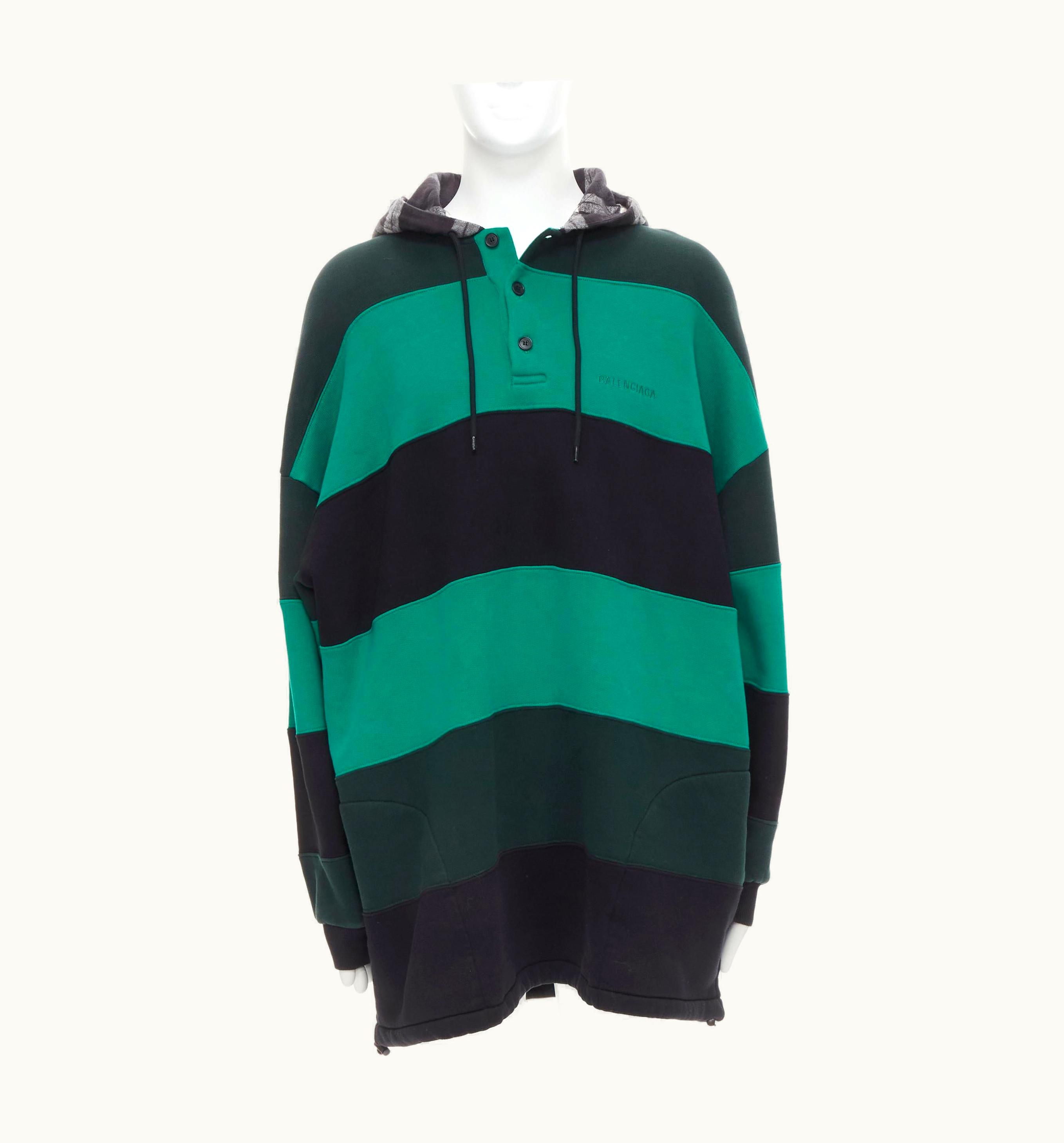 Balenciaga Demna Green Black Striped Patchwork Checked Hoodie Sweater UZ0588615