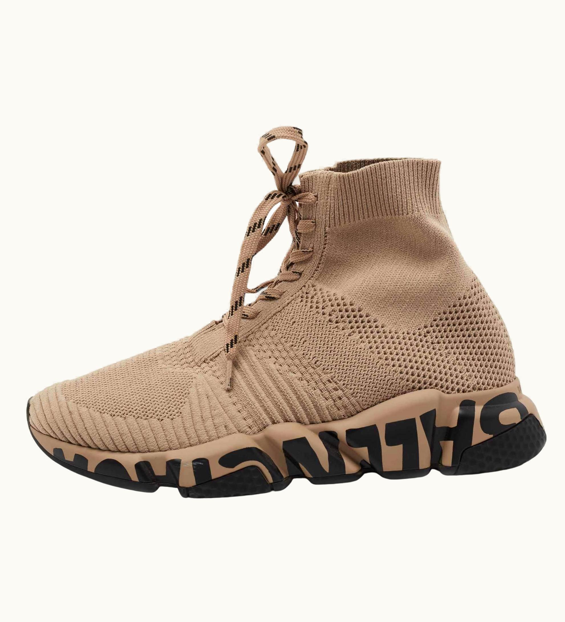 Balenciaga Beige Knit Fabric Speed 2.0 High Top Sneakers