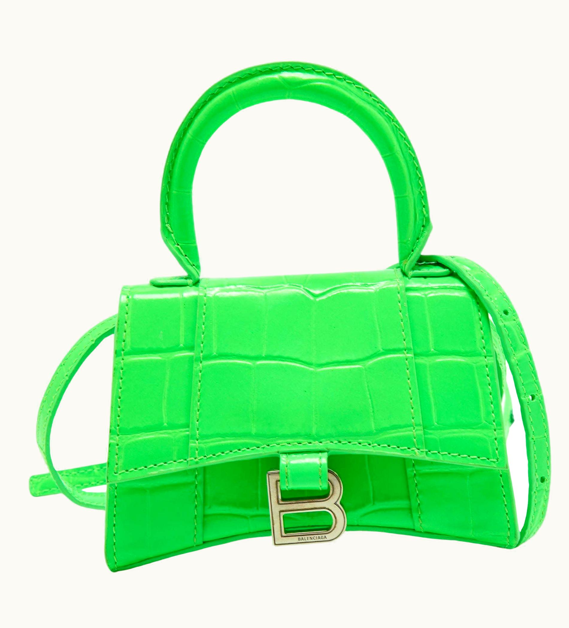 Balenciaga Neon Green Croc Embossed Leather Nano Hourglass Top Handle Bag