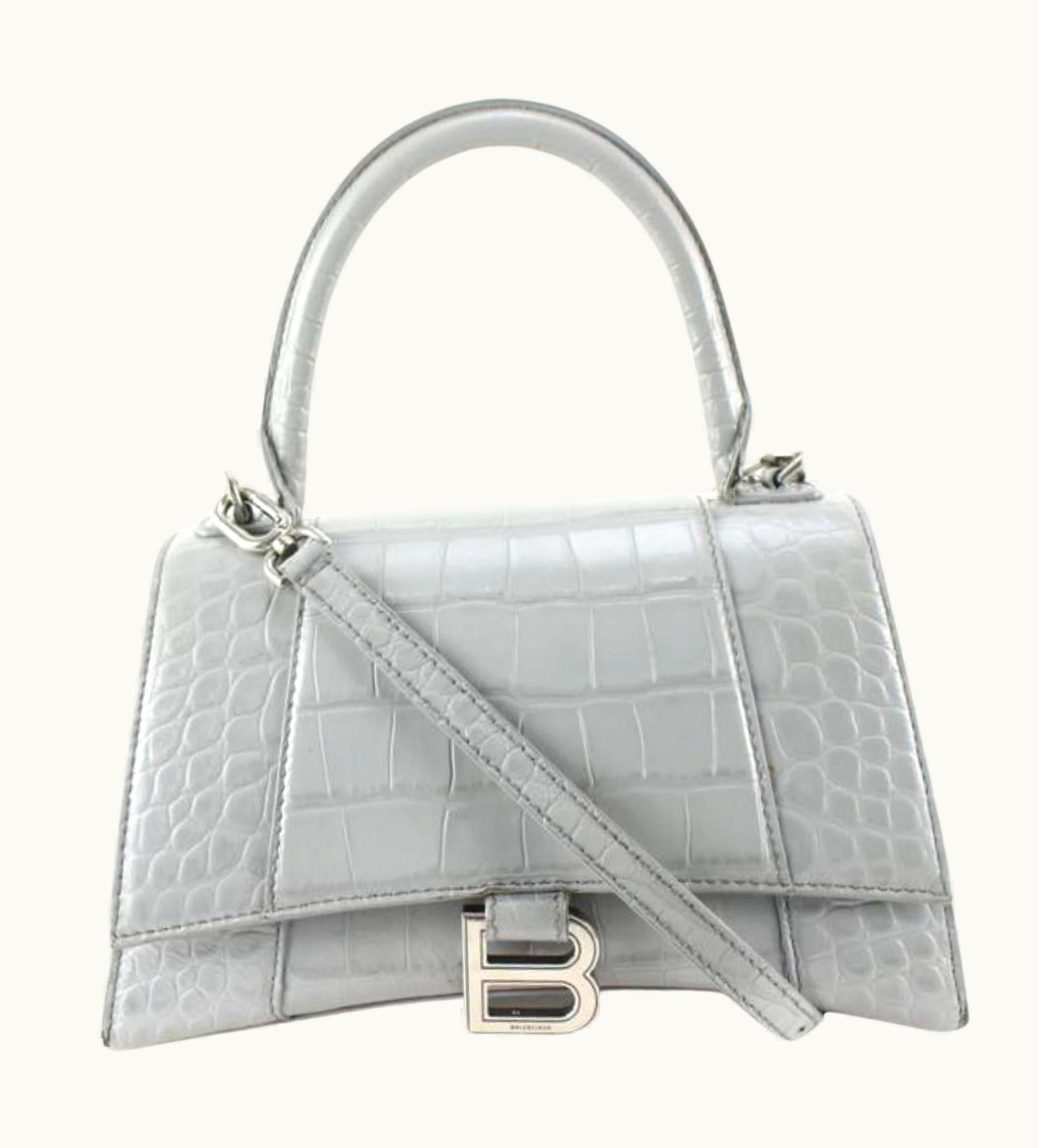 Balenciaga Balenciaga Grey Calfskin Crocodile Embossed Small Hourglass Top Handle 90ba629s