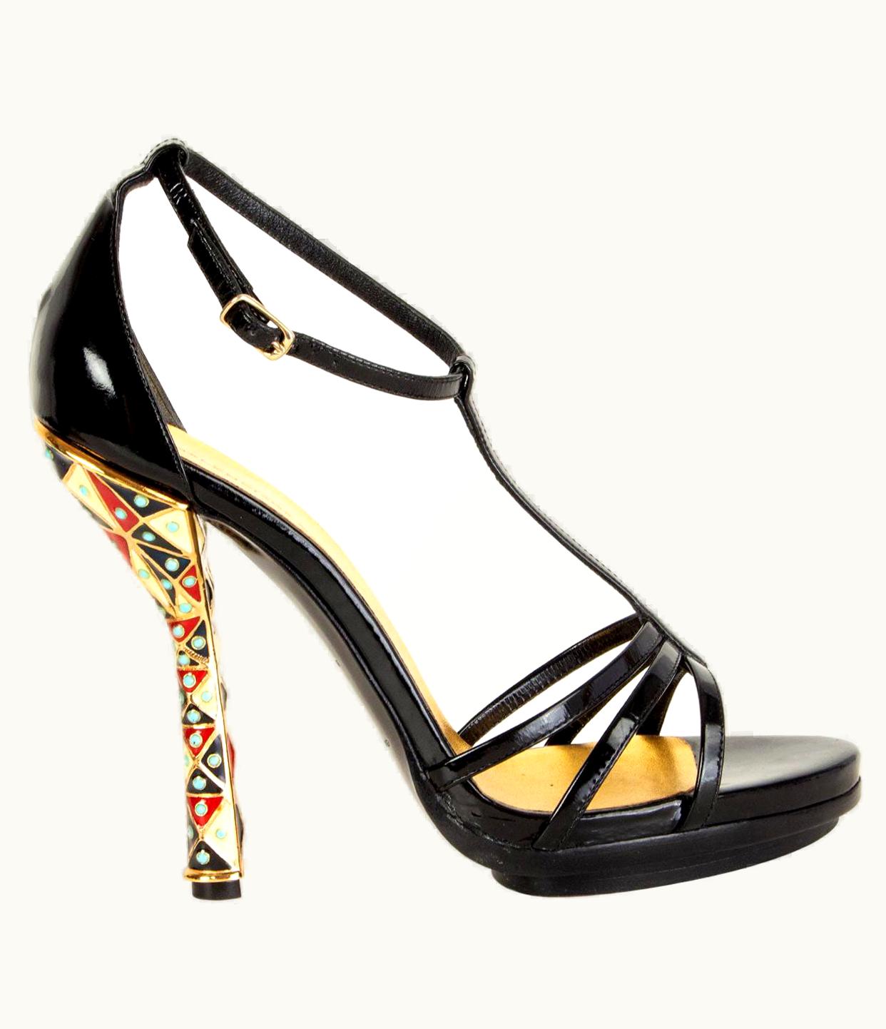 Balenciaga Balenciaga Black Patent Leather Embellished Heel T-Strap Sandals Shoes
