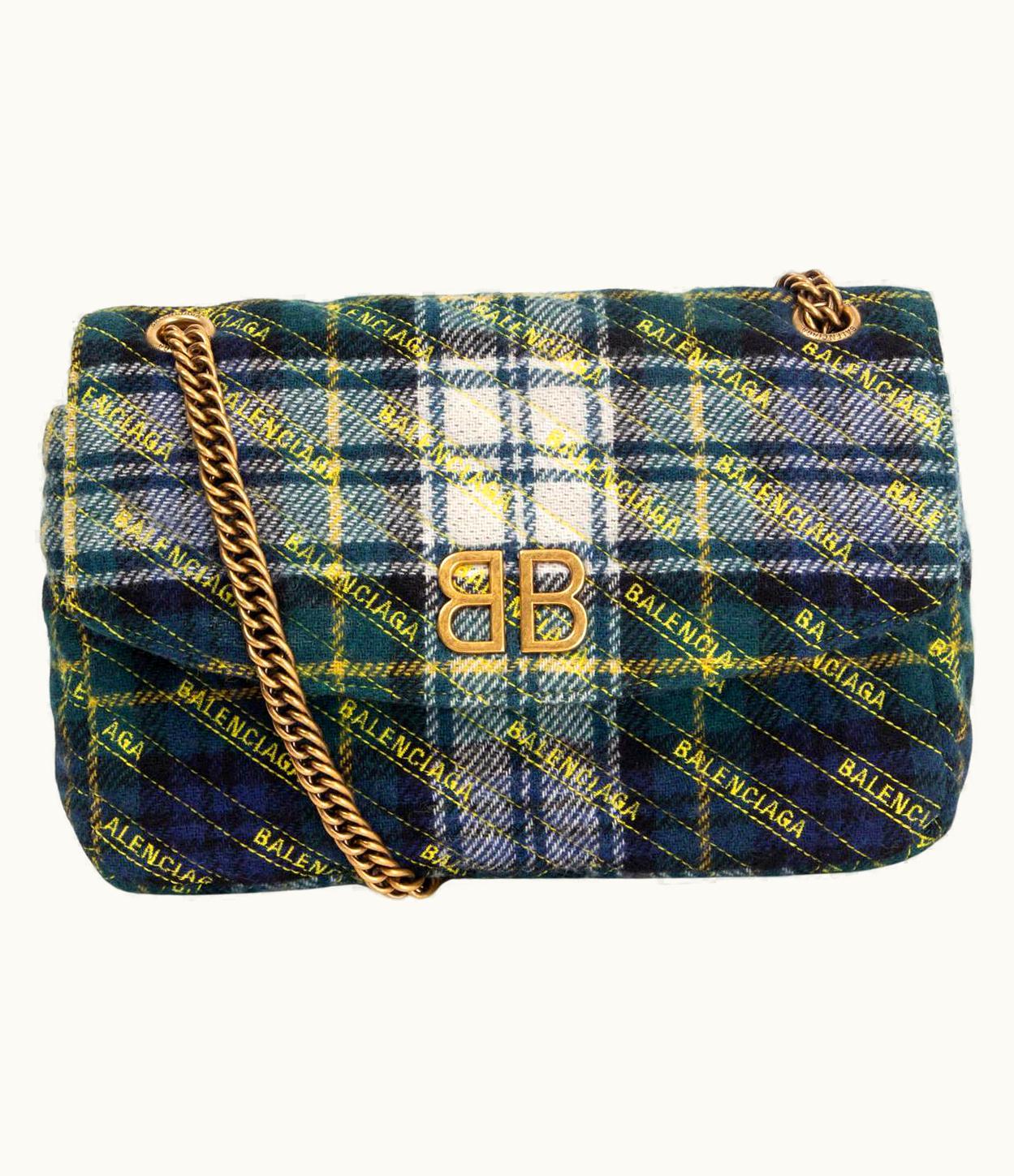 Balenciaga Balenciaga Blue Green Logo Tartan Bb Chain Medium Round Shoulder Bag