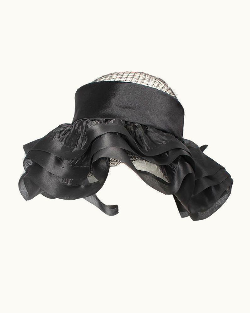 Balenciaga Balenciaga Early 1960' Black Silk And Mesh Hat With Floral Embellishment