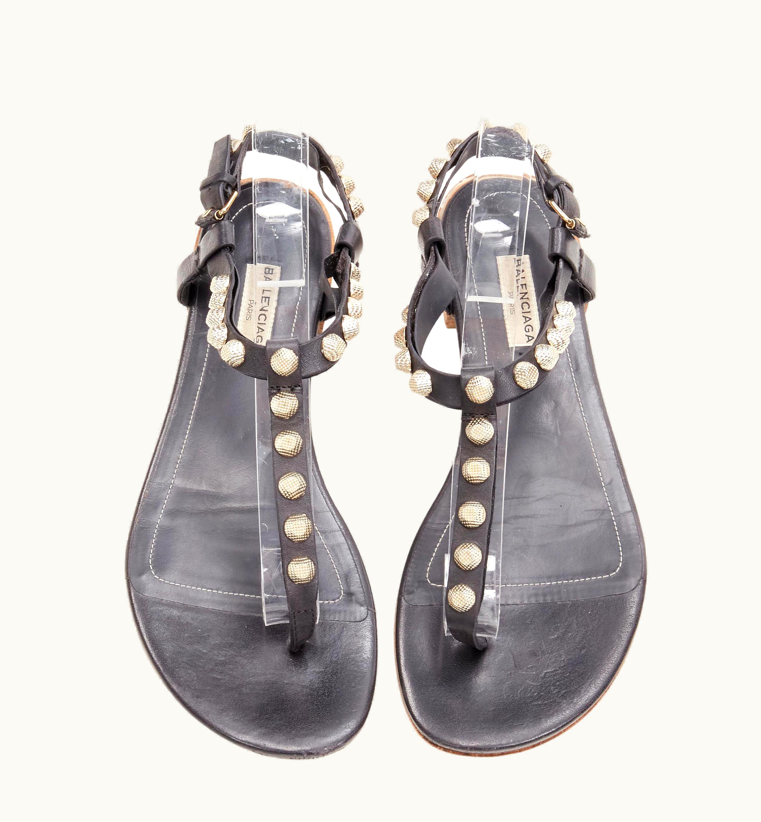 Balenciaga Balenciaga Cagole Black Leather Gold Textured Stud T-strap Flat Sandals