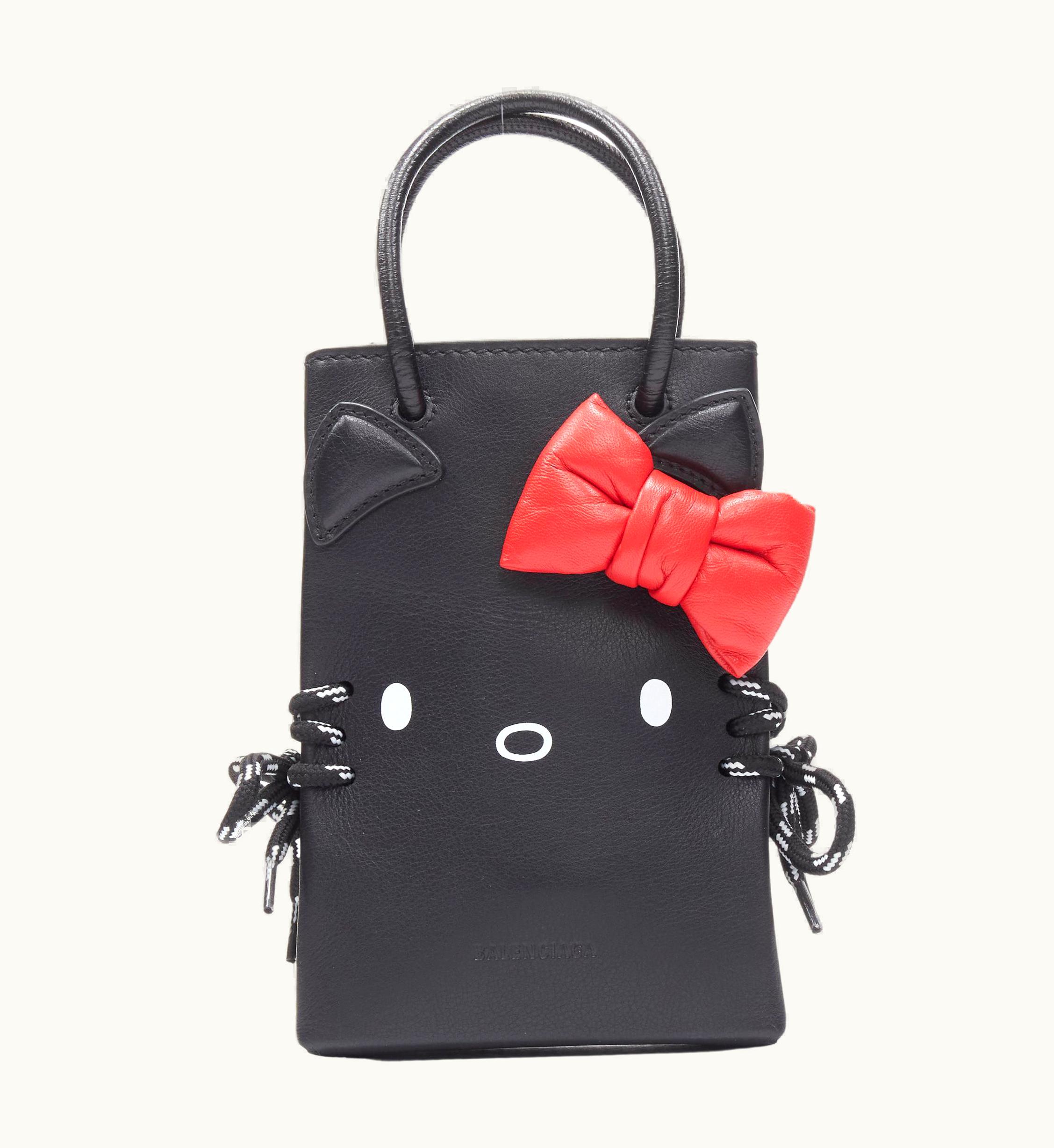 Balenciaga Balenciaga Kitty Phone Holder Red Bow Black Leather Micro Crossbody Bag