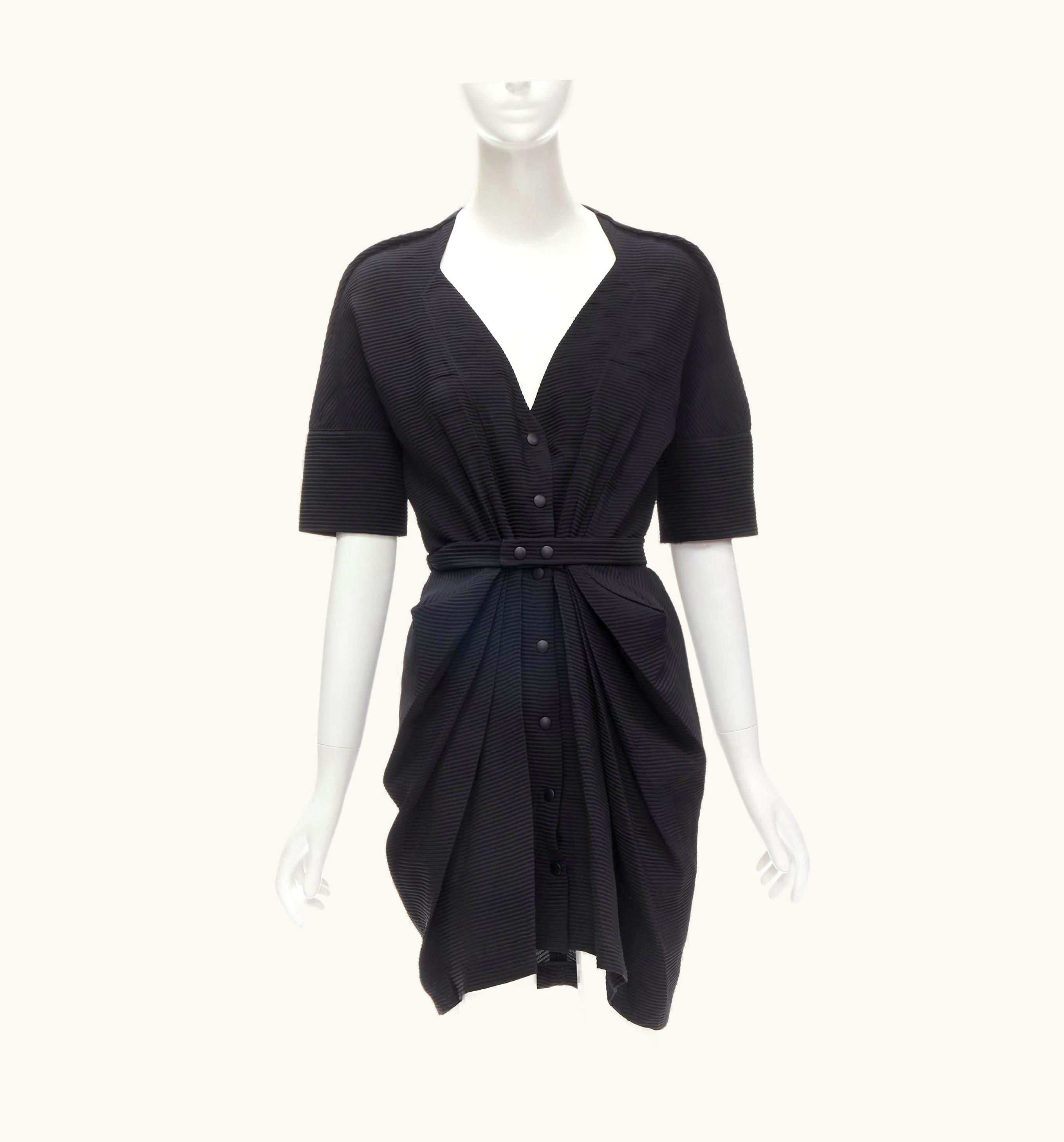 Balenciaga Balenciaga 2009 Plunge Neckline Button Front Gathered Pleat Short Dress