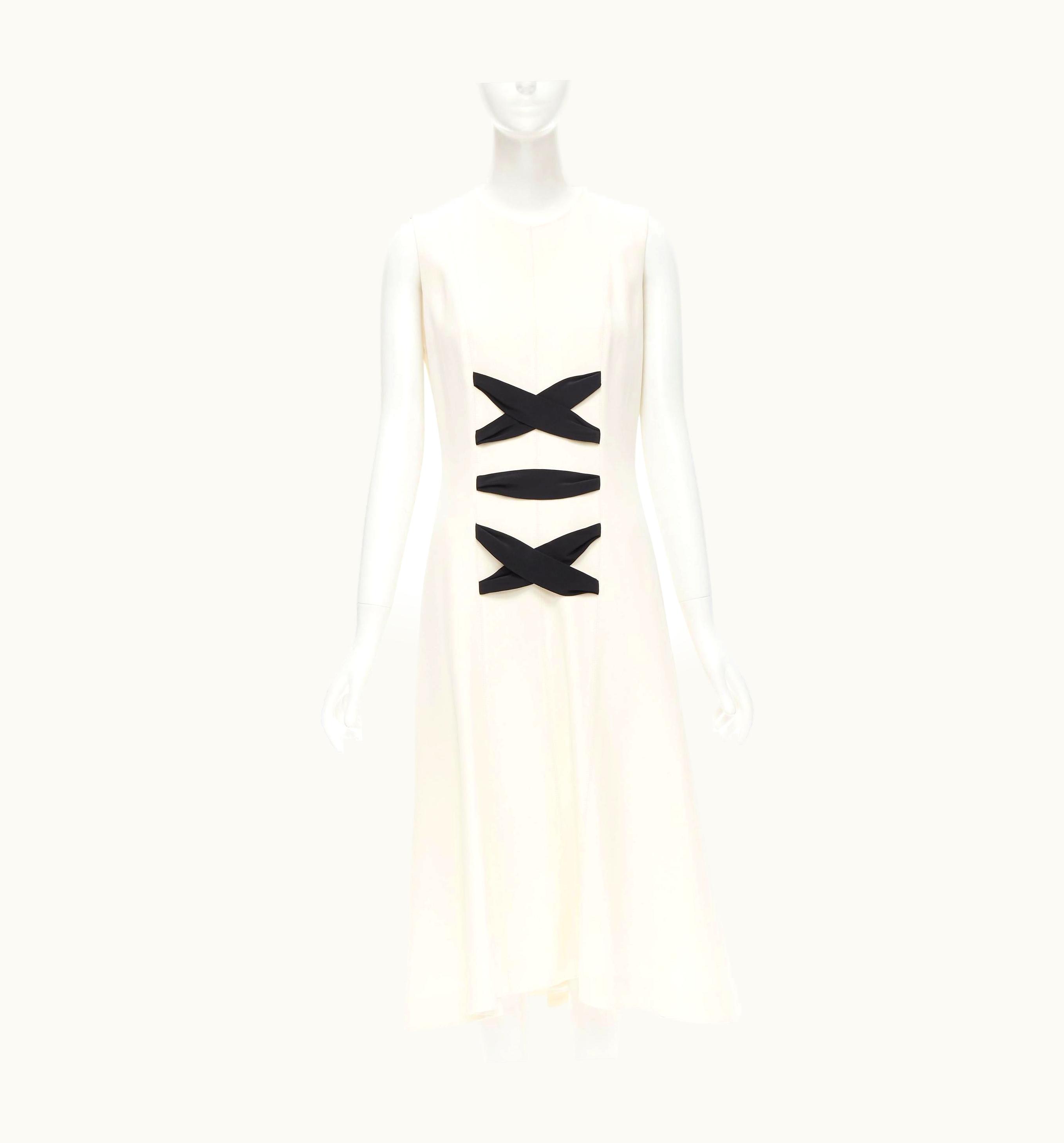 Balenciaga Balenciaga 2015 Cream Crepe Decorative Black Lace Midi Dress