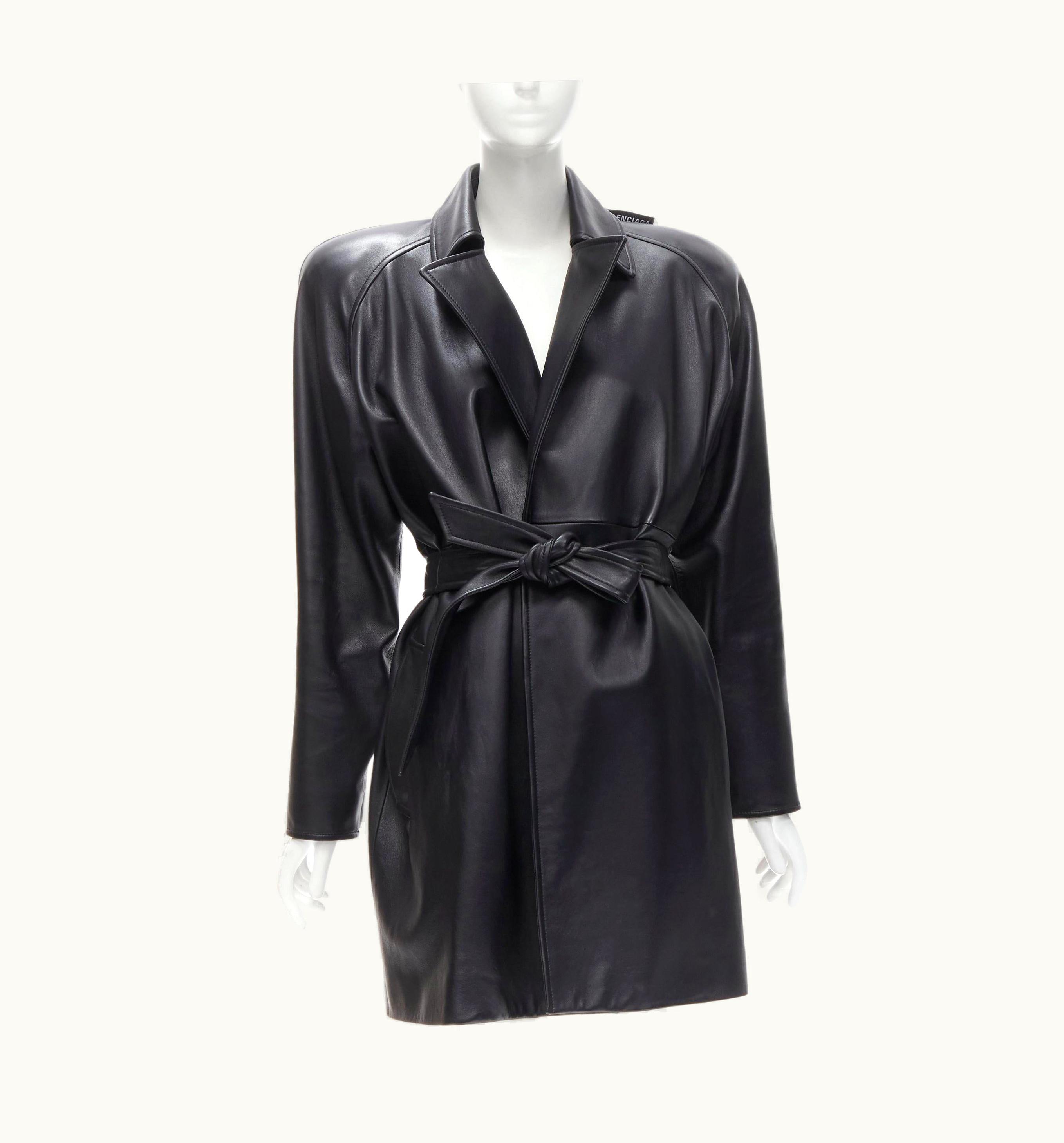 Balenciaga Balenciaga 2018 Black Lambskin Logo Tag Power Shoulder Belted Coat