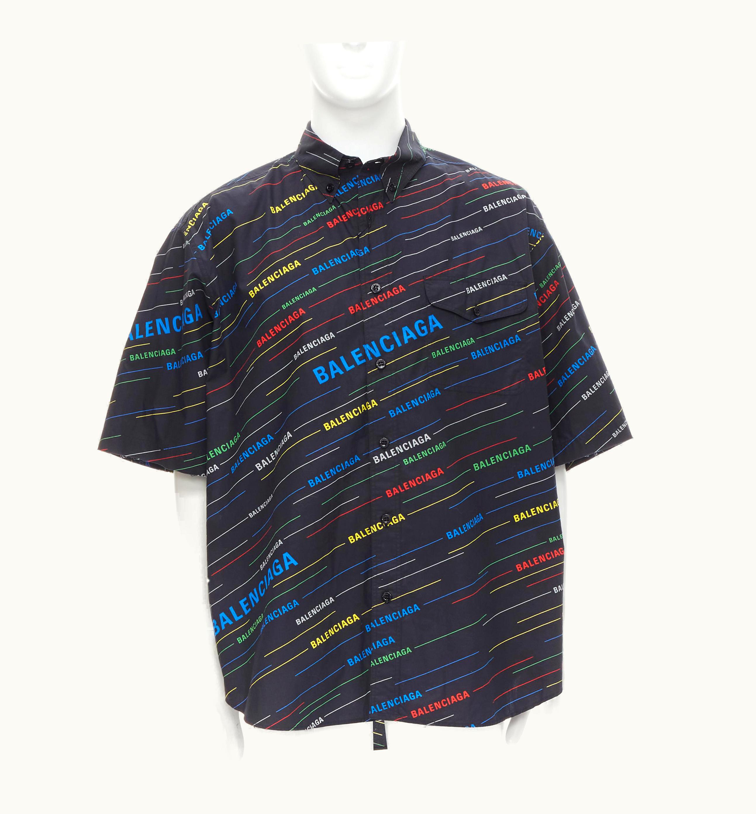 Balenciaga Balenciaga Black Multicolor Logo Monogram Stipe Print Boxy Shirt