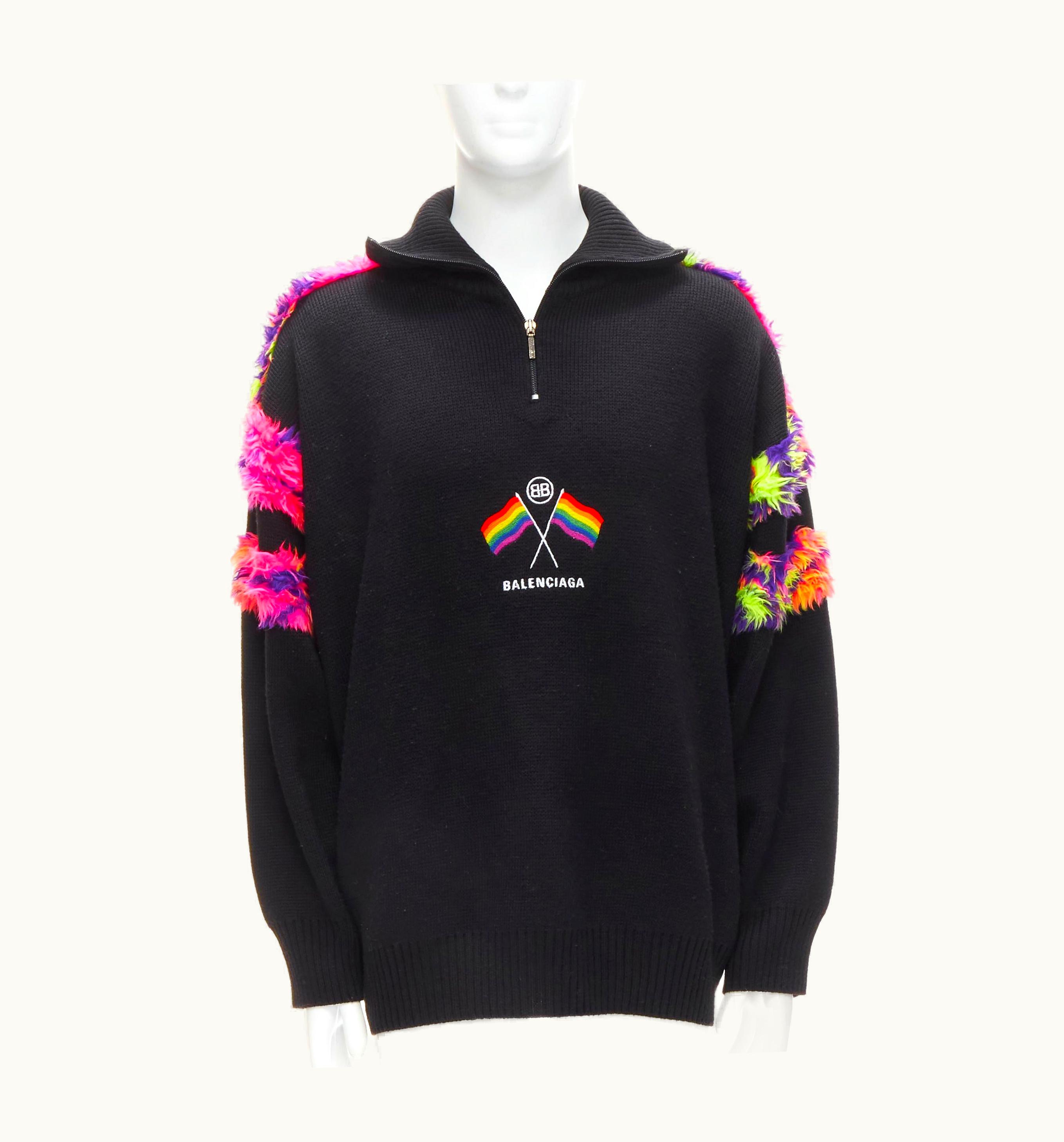 Balenciaga Balenciaga 2018 Bb Pride Flag Embroidery Faux Fur Black Wool Turtleneck