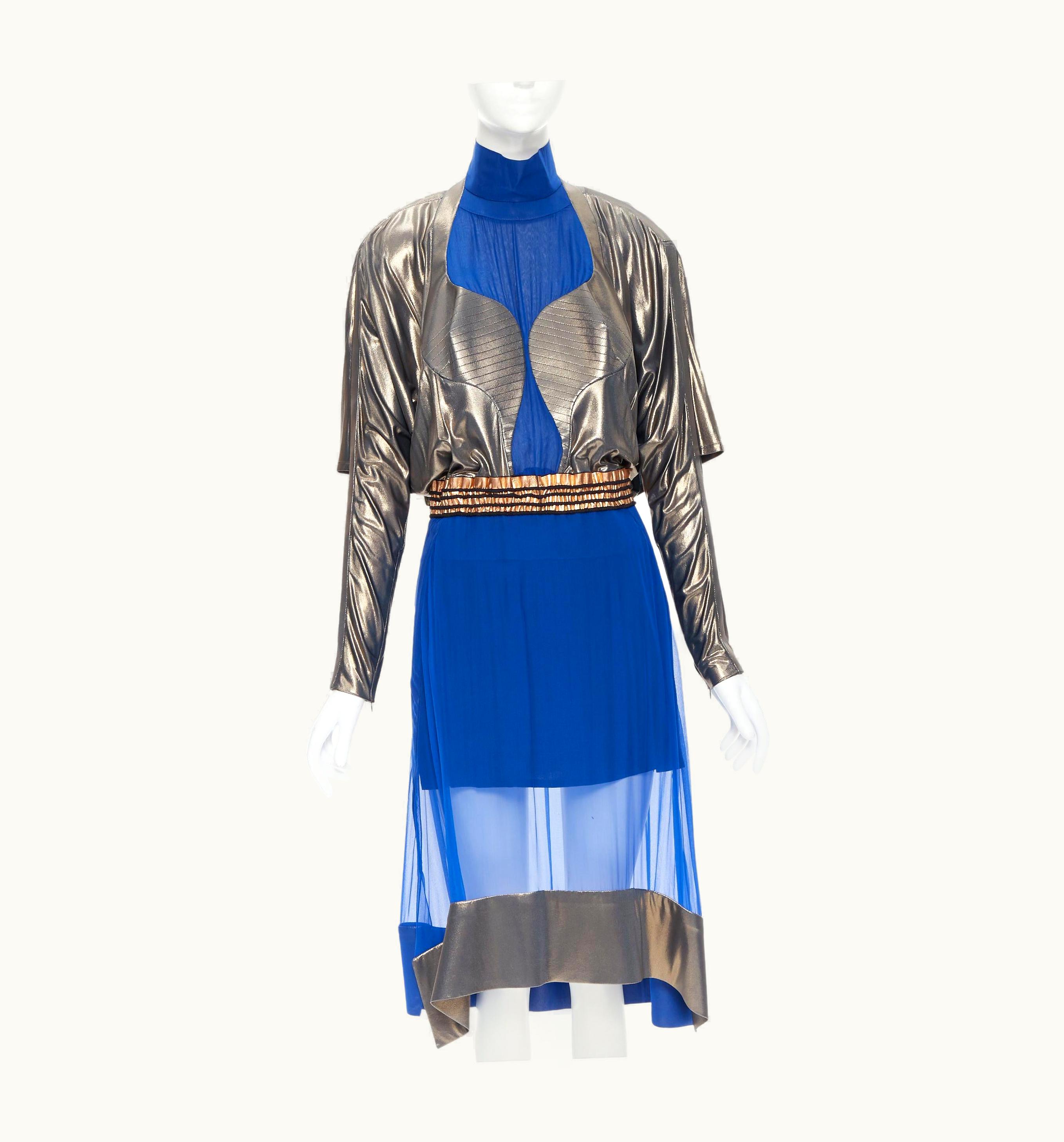 Balenciaga Balenciaga 2012 Runway Blue Copper Futuristic Bustier Silk Dress