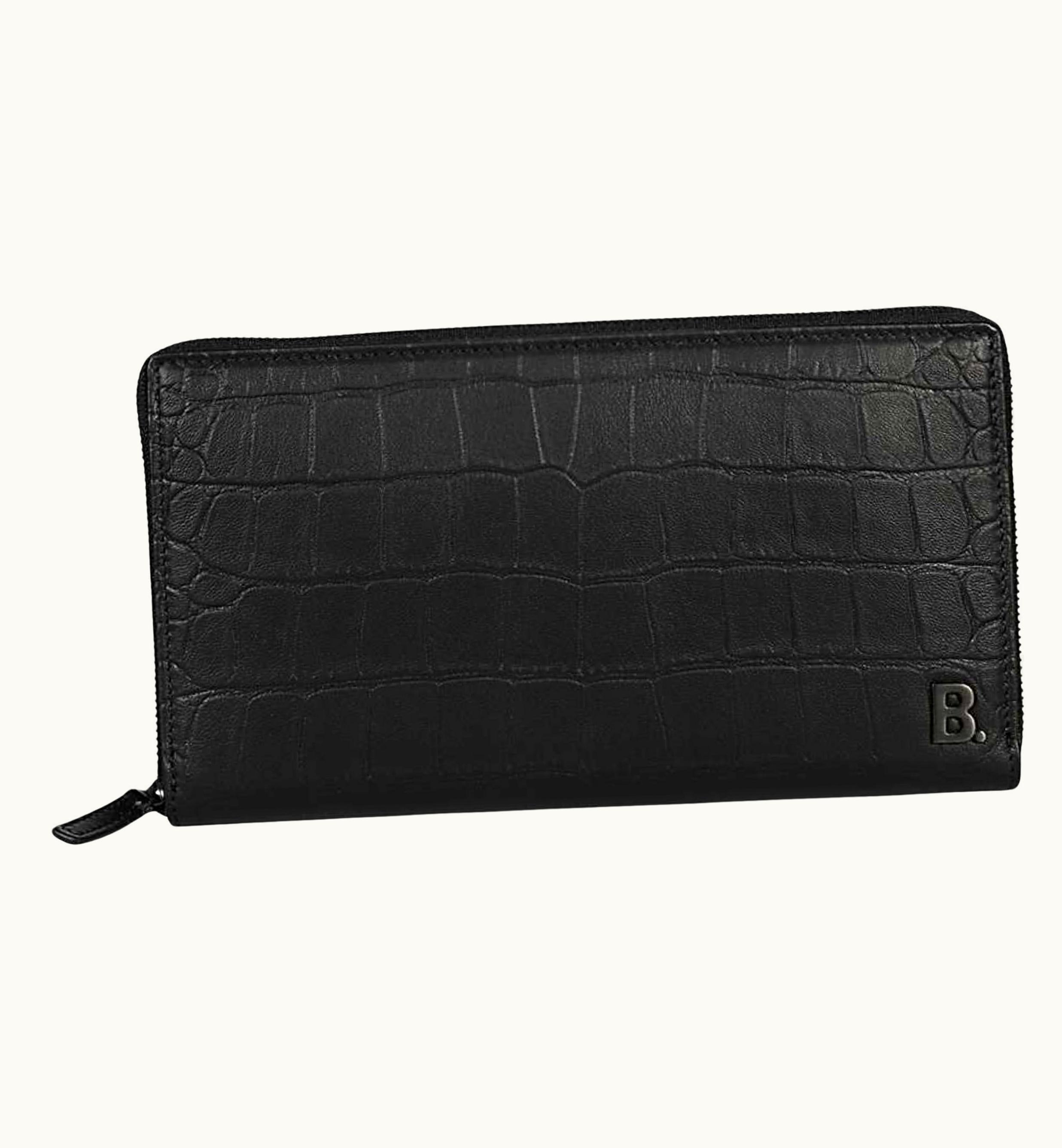 Balenciaga Balenciaga Black B Crocodile Skin Embossed Leather Zip Around Clutch Bag
