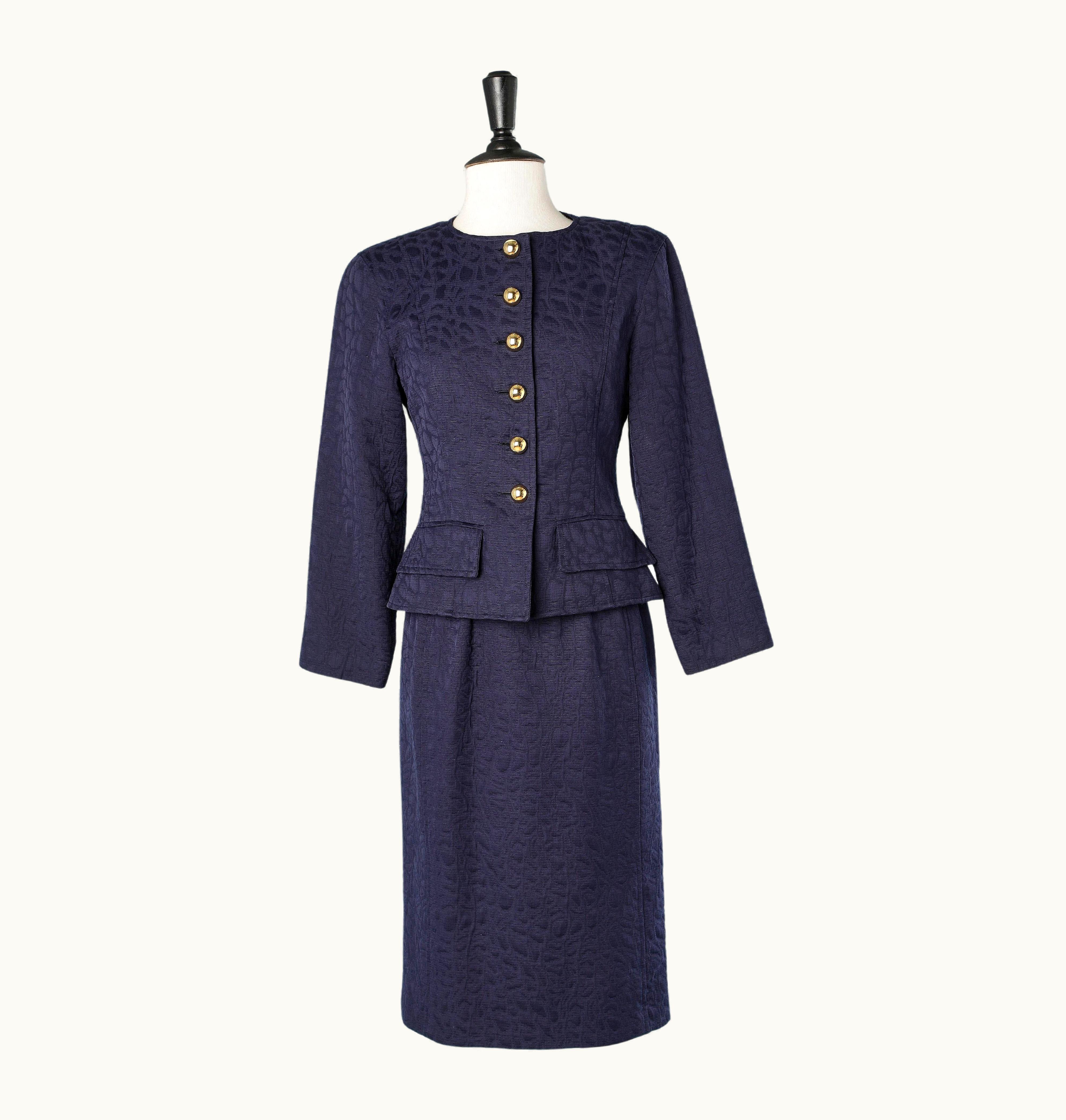 Balenciaga Navy Cotton Jacquard Skirt-suit With Gold Metal Button Balenciaga Paris